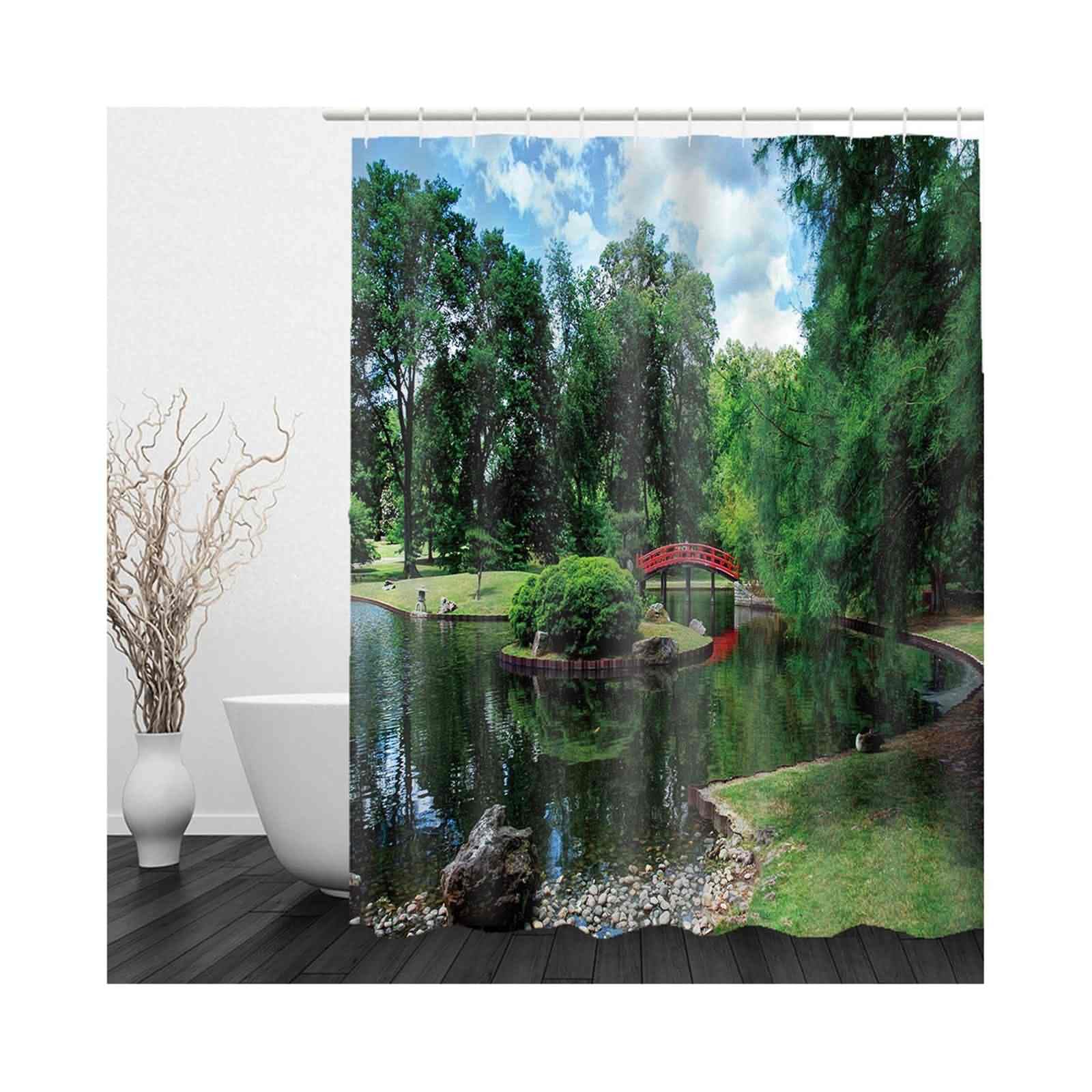 Rideau Douche Long Rideaux Baignoire Parc Lac Arbres Lin Rideaux Salle Bain Vert Imperméable Et Anti-Moisissure, Lavable en Machine 220x180cm