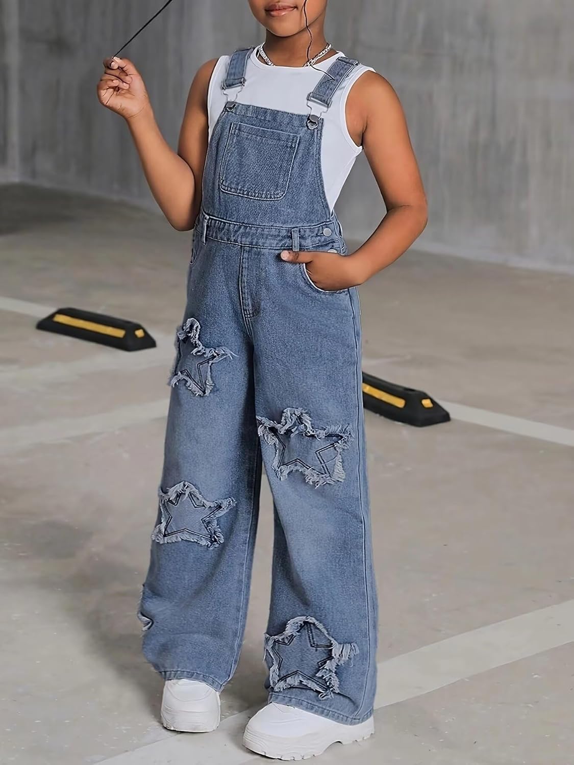 Girl's Wide Leg Denim Overalls Star Patchwork Adjustable Straps Baggy Jean Jumpsuits - Image 3