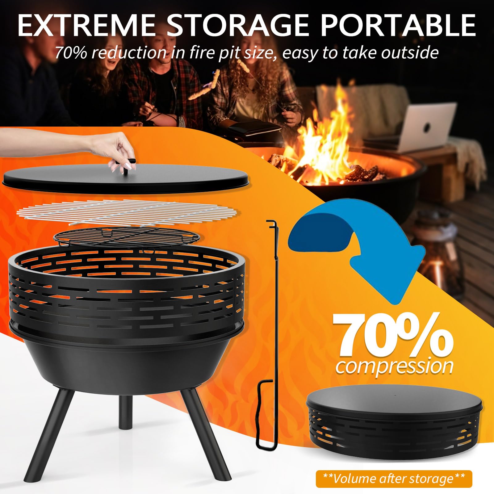 Braciere da 58,4 cm con griglia e coperchio, in ghisa resistente, braciere a legna per riunioni di falò, barbecue, tavolo, braciere per patio esterno, campeggio, cortile, picnic