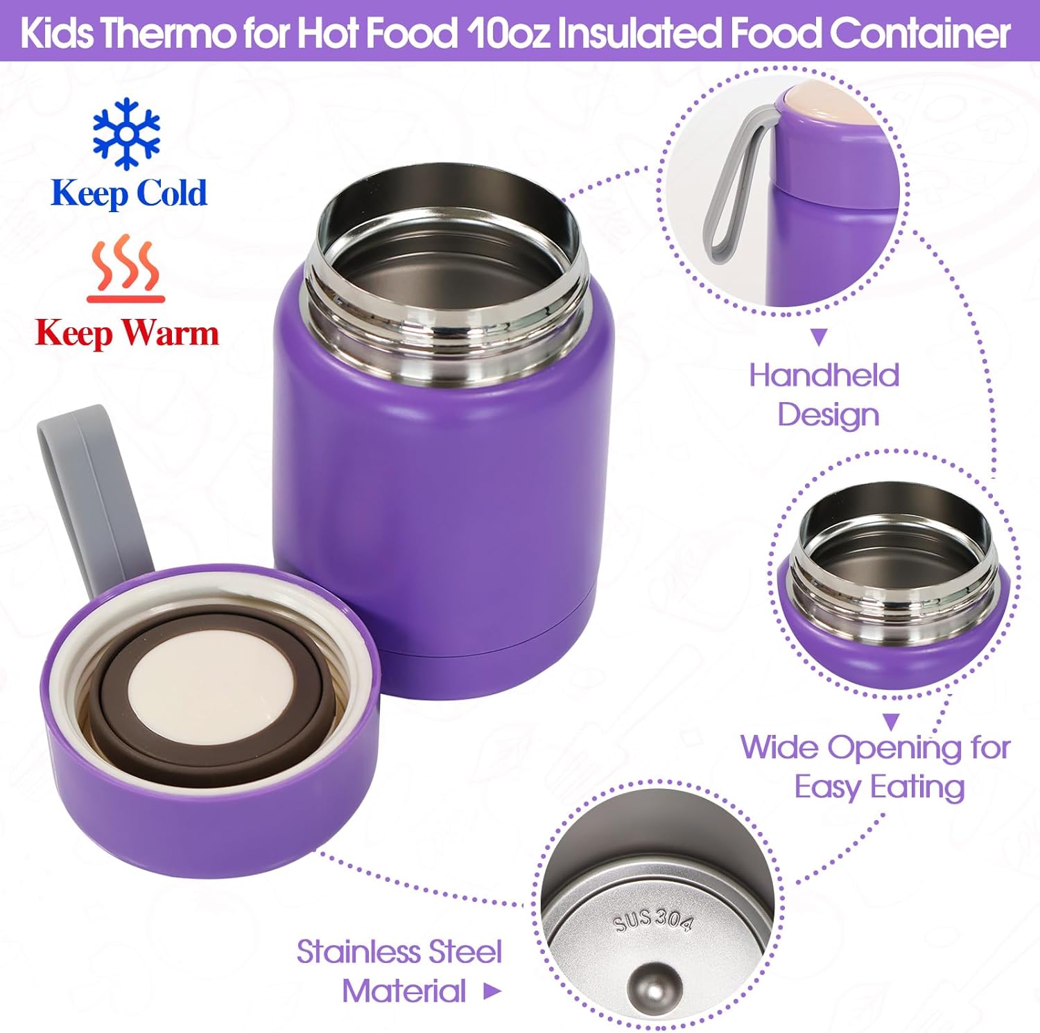 Preppy Lunch Box for Girls with 10oz Thermo, with 6 Compartment Bento Box, Purple Nylon Insulated Lunch Bag Adjustable Strap for Girl Kids Teens School Travel Picnic