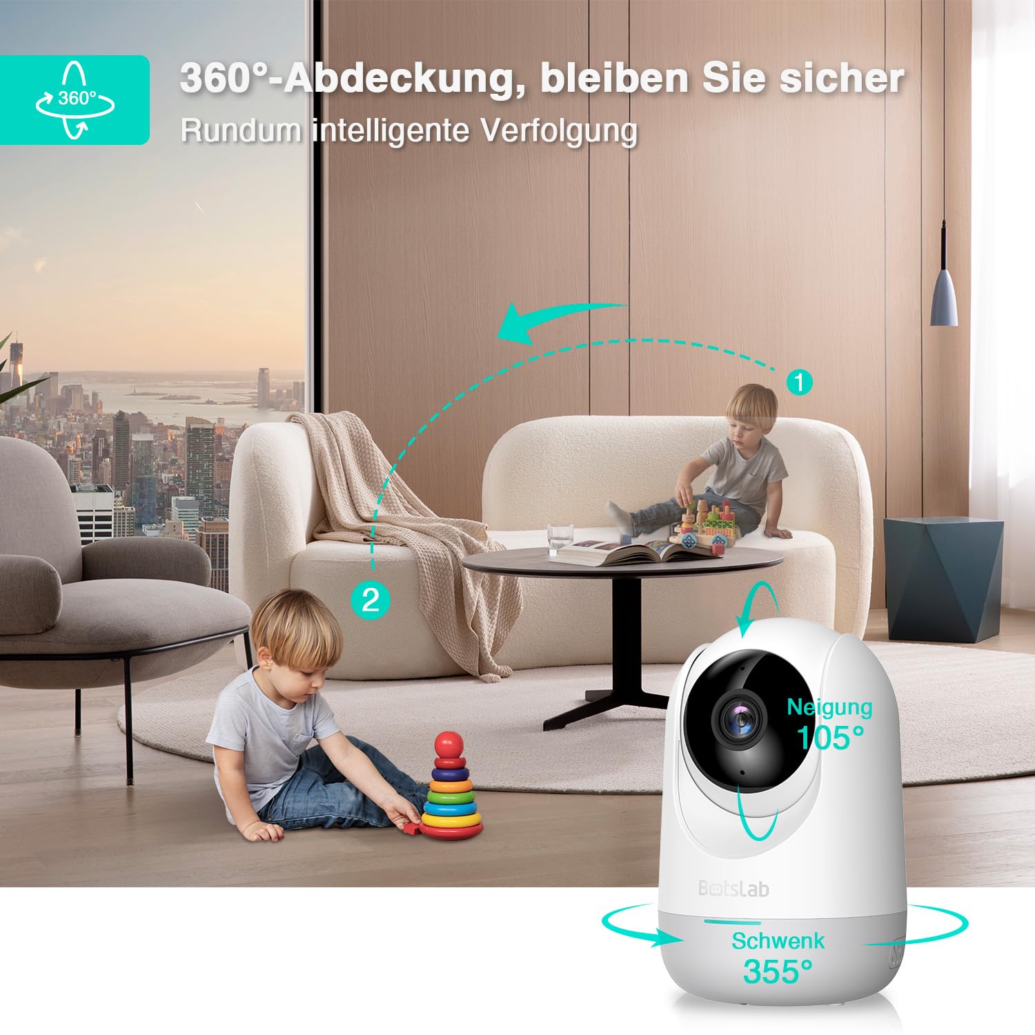 BOTSLAB Kamera monitorująca 2K do wnętrz, elektroniczna niania z kamerą, 360°, Wi-Fi, monitorowanie z wykrywaniem ruchu i wykrywaniem hałasu, 2-drożne audio, widoczność w nocy, kompatybilna z Alexa,