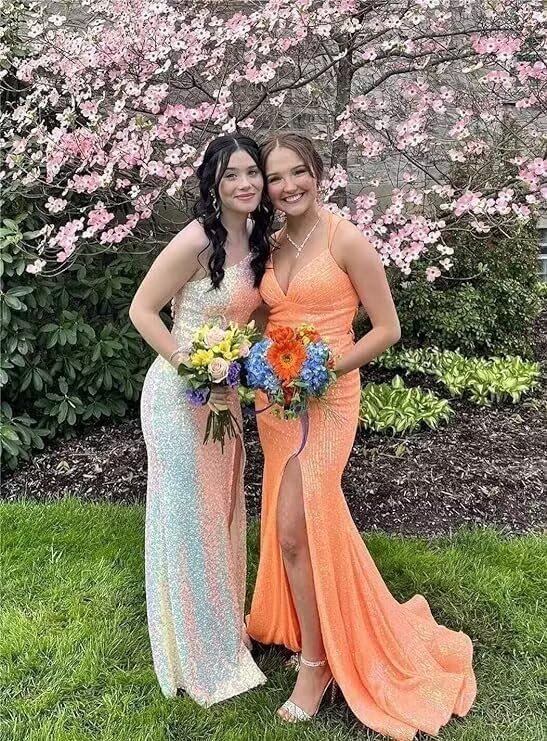 Sparkly Sequin Mermaid Prom Dresses Spaghetti Straps V Neck Backless Long Evening Party Dresses for Women with Slit4