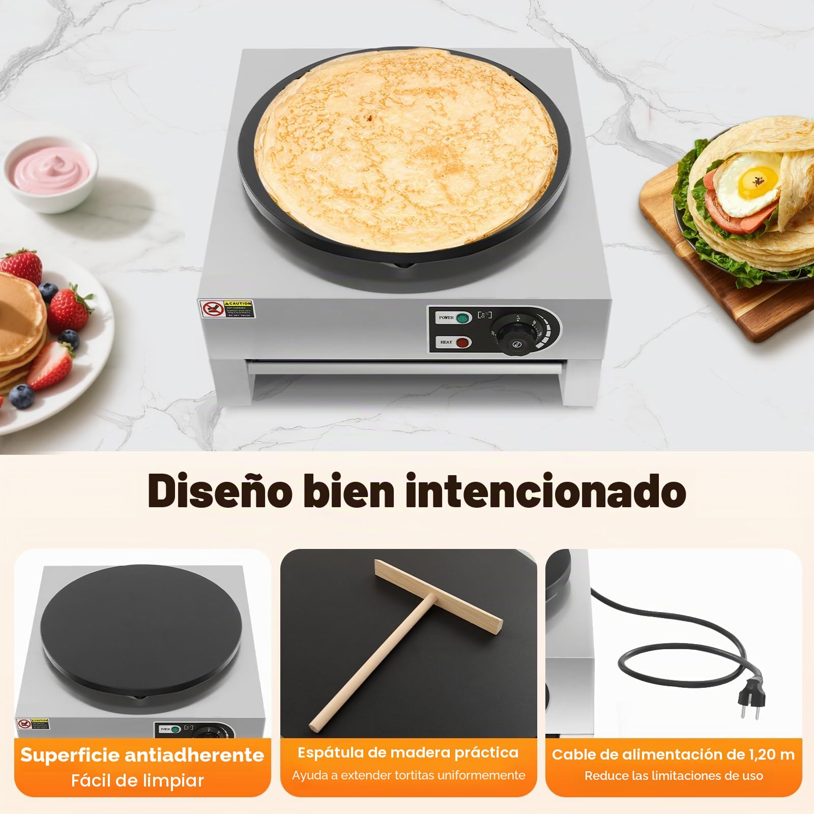 Máquina eléctrica para crepes, 3000 W, profesional, antiadherente, con esparcidor de madera, sartén eléctrica para crepes para cocinas, restaurantes, cantinas, temperatura 50-300 ℃
