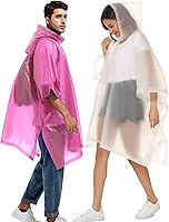 Vista 48 de Paquete de 2 ponchos de lluvia para adultos, reutilizables, impermeables, de supervivencia, emergencia, resistente, con capucha con cordón Azul