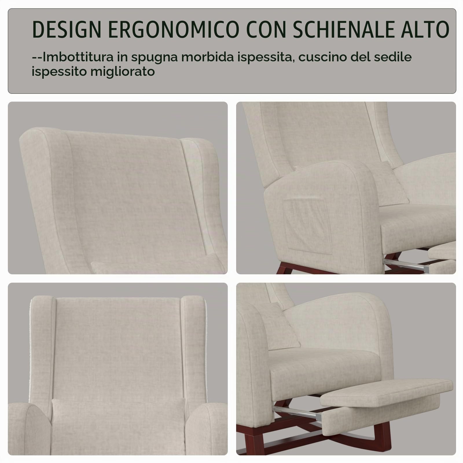Sedia a dondolo con poggiapiedi regolabile e 2 tasche laterali,sedia da allattamento imbottita con cuscino lombare,schienale e bracciolo,sedia a dondolo per soggiorno,camera da letto (Beige)