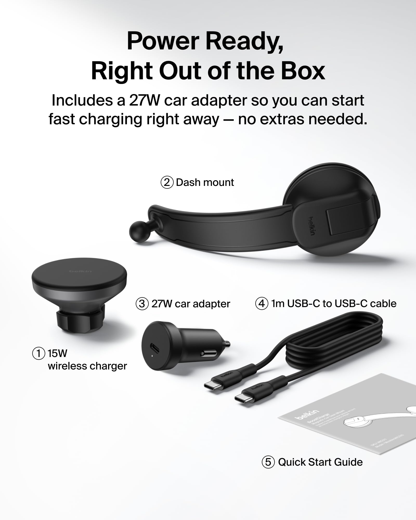 Belkin Caricatore da auto wireless, supporto magnetico per cruscotto con cavo USB C da 1 m, compatibile Qi2 MagSafe, caricabatterie per iPhone 17, Galaxy S25, Pixel 10 e altri, accessori da viaggio