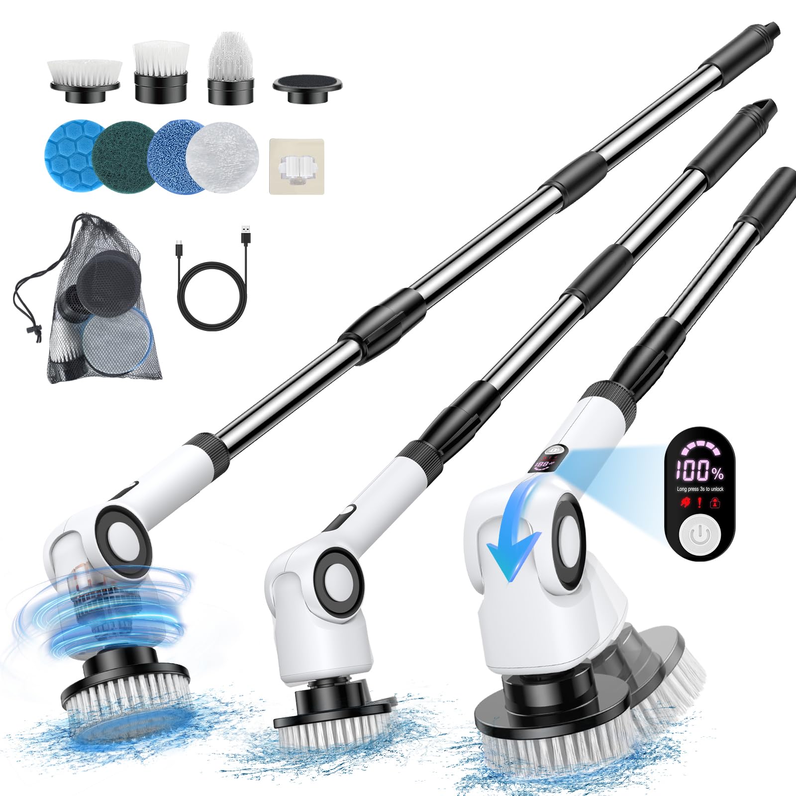 Electric Spin Scrubber,Cordless Spin Scrubber with Adjustable Extension Handle & Multifunction Brush Heads,IPX7 Waterproof Electric Cleaning Brush with LCD Display for Bathroom, Kitchen,Floor