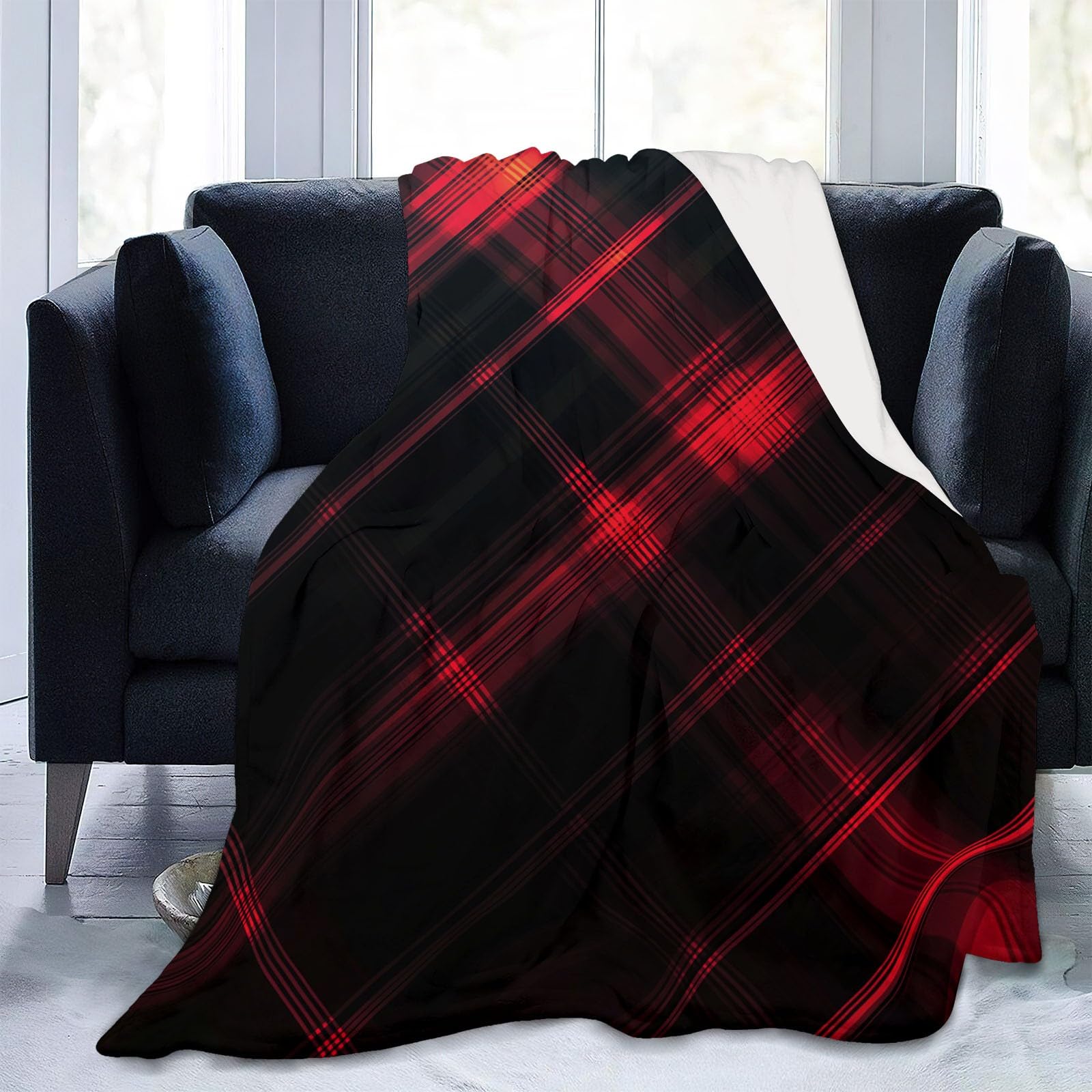 Pojedynczy koc polarowy w linie i paski nadruk czarny czerwony miękki nadruk puszysta flanelowa narzuta 220 x 240 cm Sofa Odpowiednia dla dorosłych i dzieci Zachowaj ciepło zima