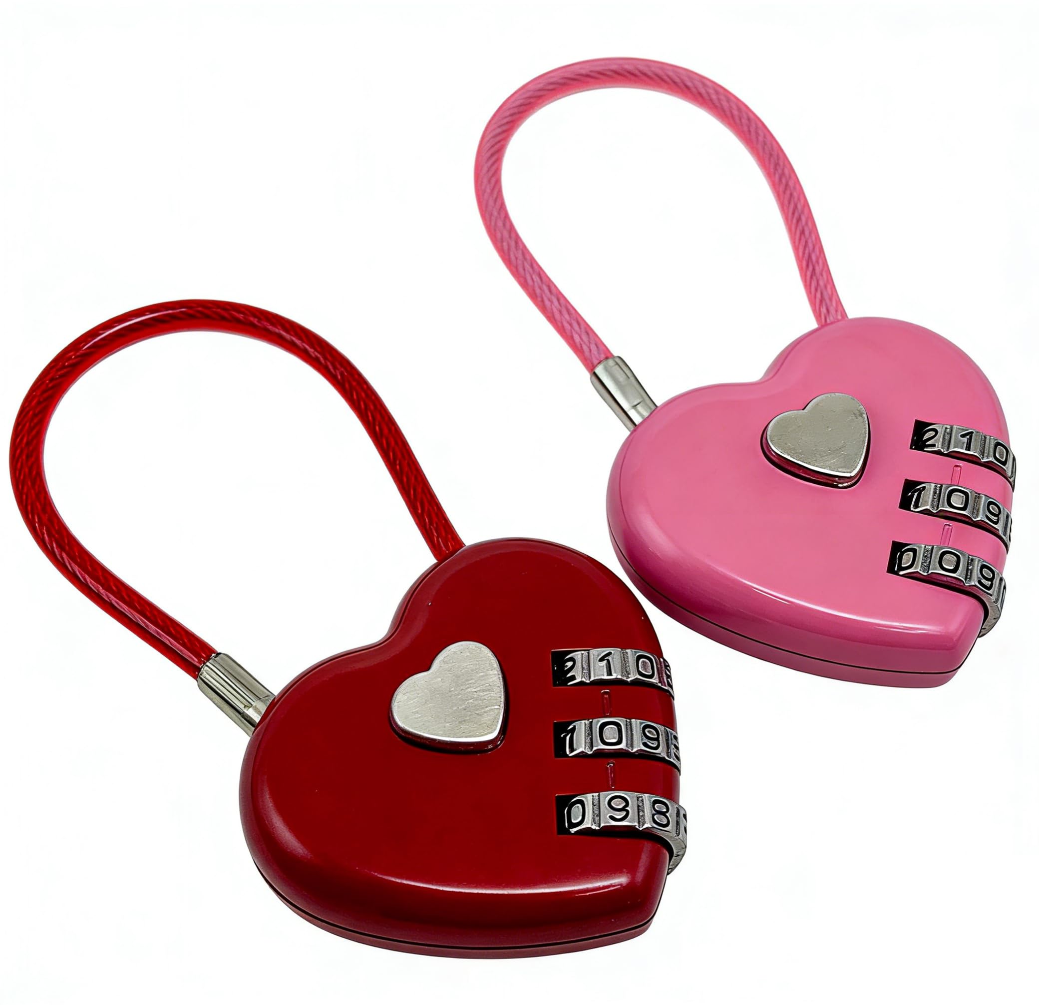 2 Pcs Locker Padlocks 3 Digit Combination Locker Locks Heart Shape Cable Padlock Red Pink for Gym Locker Luggage Backpack Travel Accessories