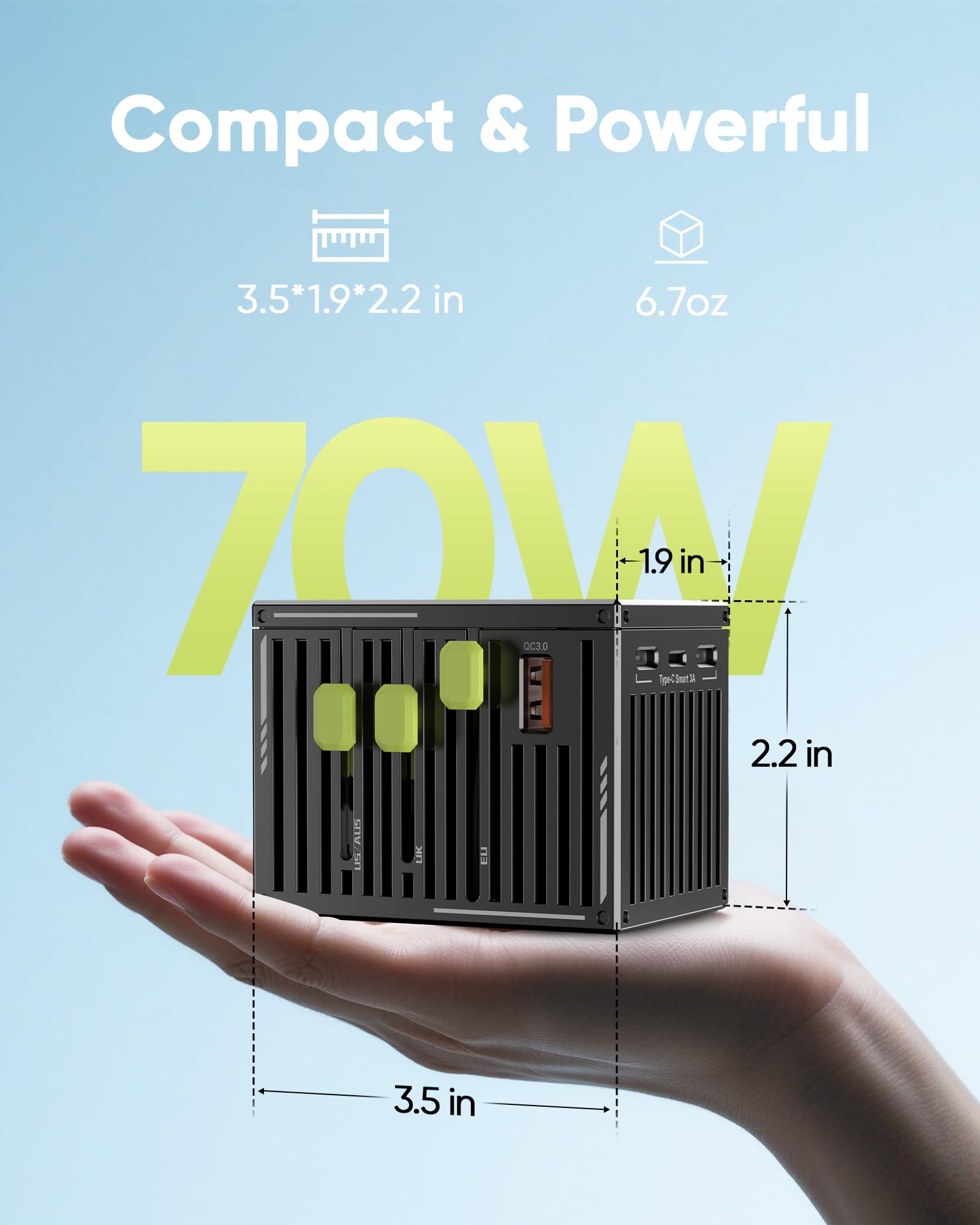 TenTrend - Adaptador universal de viaje, adaptador de corriente internacional de 70 W con 4 puertos USB-C y 1 USB-A, adaptador de enchufe de viaje europeo, esencial de viaje en todo el mundo para la