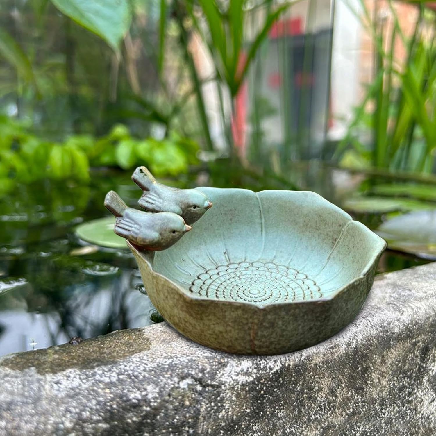 Ceramic Bird Bath Bowl, Table Top Blue Bird Bath for Outside, Hand Painted Glazed Ceramic Birds Baths Bowls and Feeders, Vintage Garden Tabletop Birds Baths Decor for Butterflies Hummingbirds Parrots
