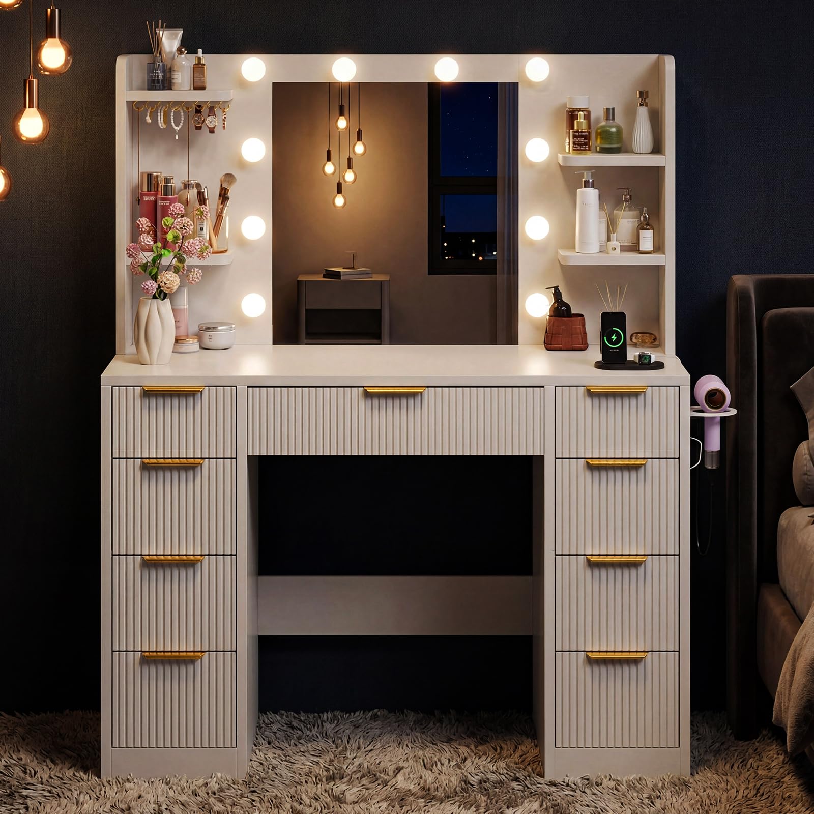 Devoko Moderner Schminktisch mit Beleuchtung & Steckdose – Großer Frisiertisch mit Spiegel, 9 Schubladen, Vanity Desk mit Haartrocknerhalterung, Make-up Tisch, Weiß