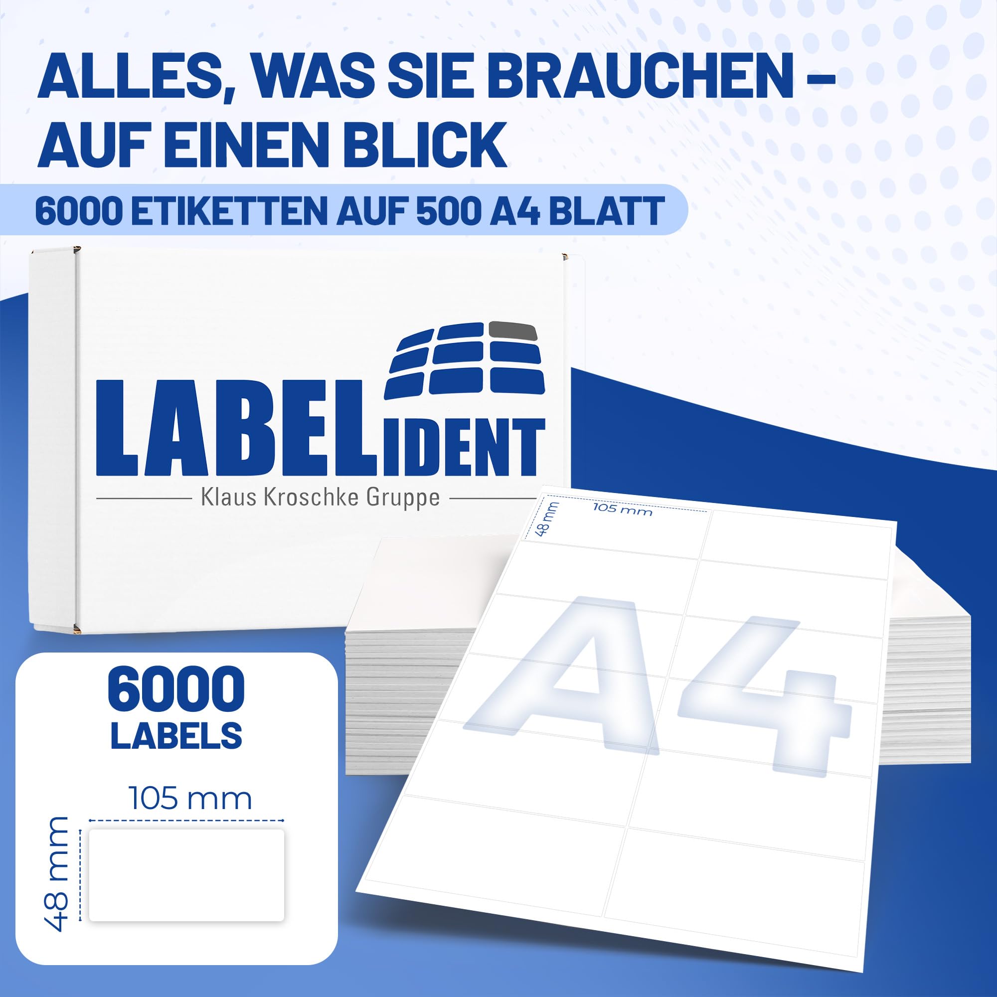 Labelident Laser-Etiketten 105 x 148 mm - 4 Etiketten pro A4-Bogen - 2.000 Etiketten (500 DIN A4 Bögen), selbstklebend, DIN A6 Adressaufkleber, Universal-Etiketten für Laser- & Inkjetdrucker