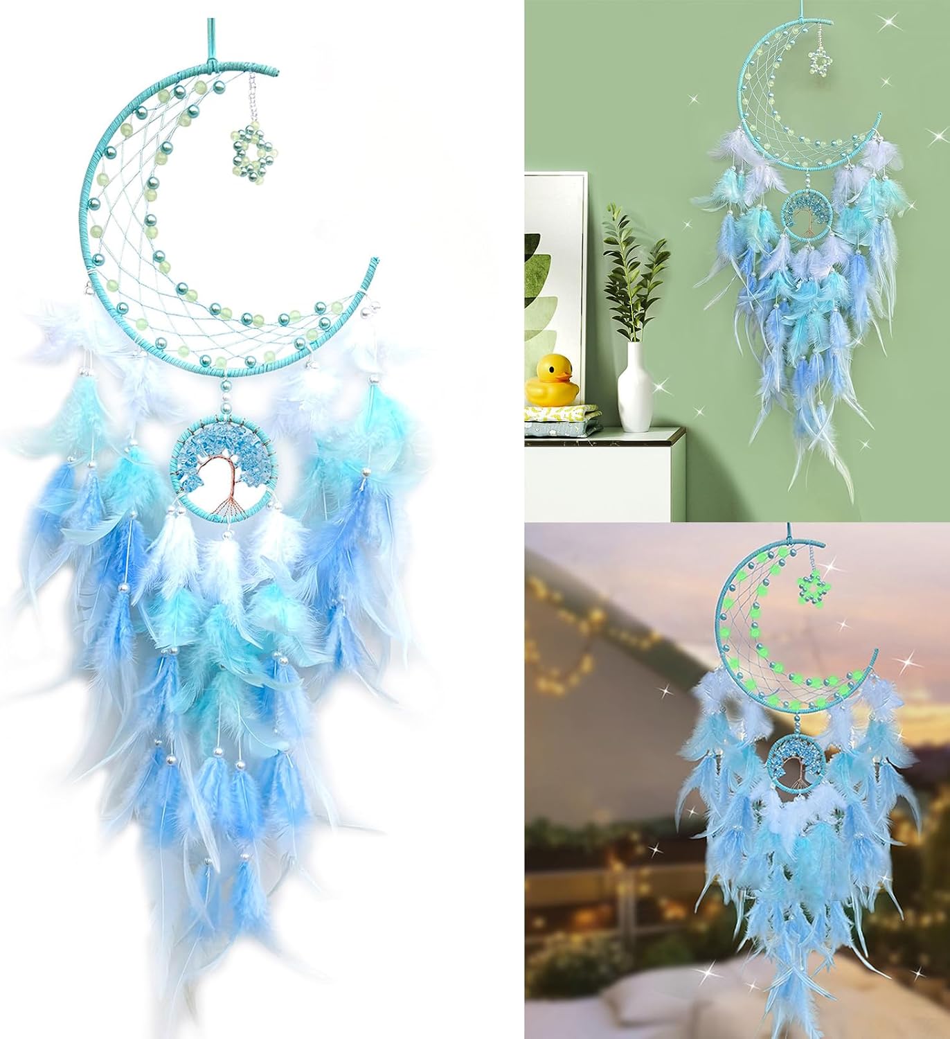 Romantics Glowing Beads Star Moon Dreamcatchers Feathered Woven Windchimes for Party and Muslims Holiday Decorations