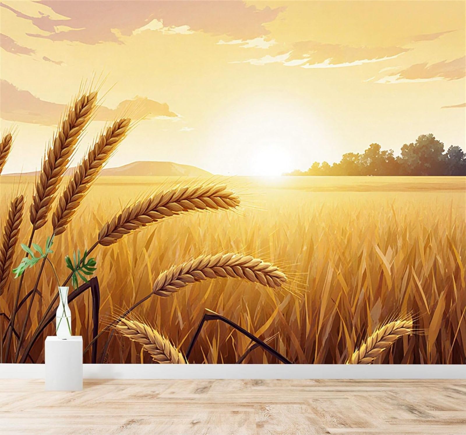 XLMING Ethereal Golden Wheat Fields Sunrise Trees Rural Landscape 3D Wallpaper Silky Texture Home Study Office Grey Dining Room Sofa Bedroom Living Room TV Backdrop-350cm×256cm