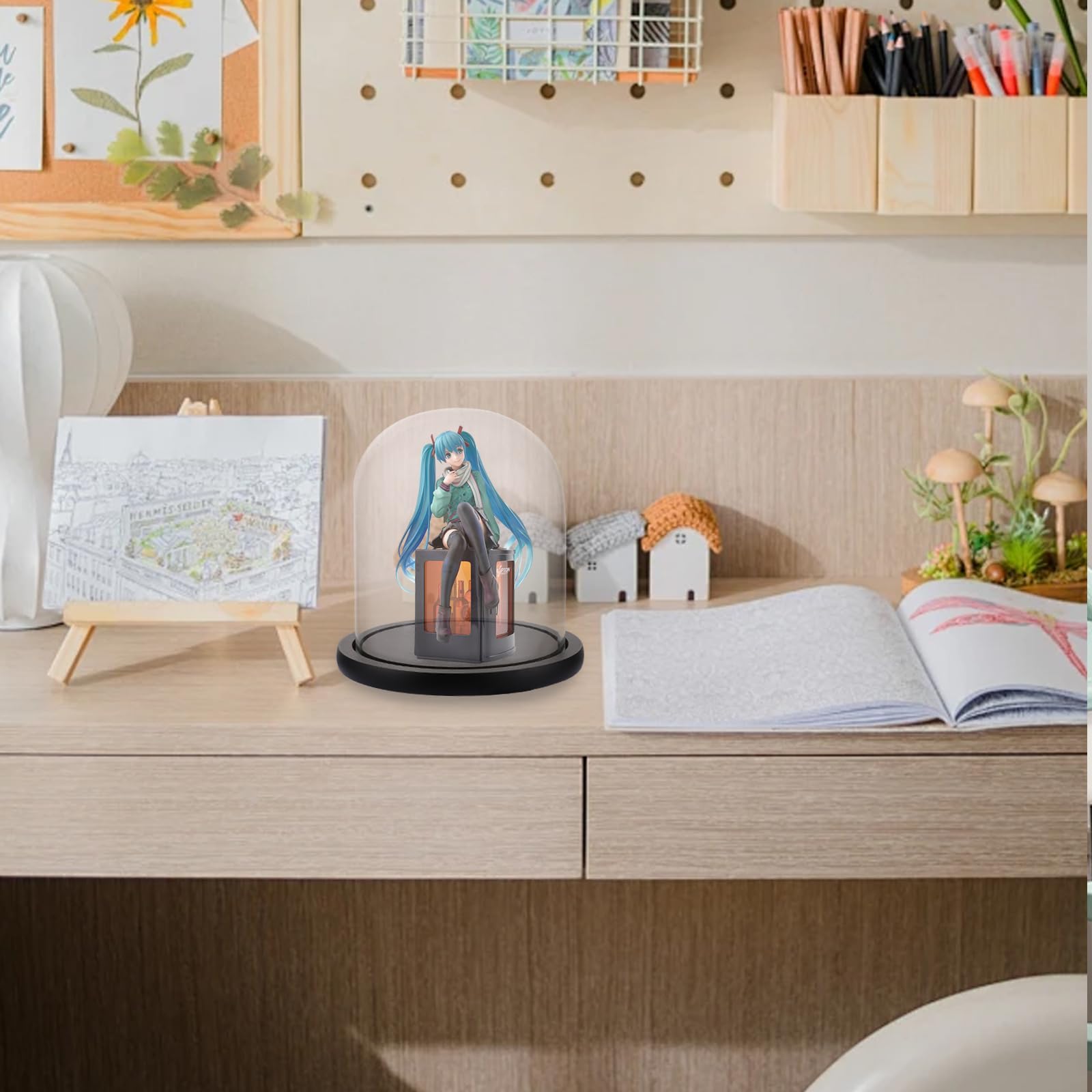 Campana de cristal transparente 17 cm con tapa y base de madera para decoración