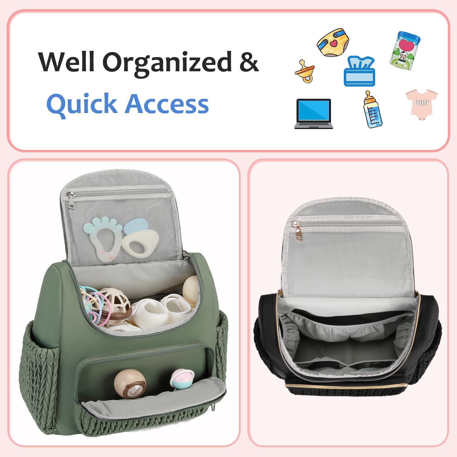 Lightweight Diaper Bag Backpack with Stroller Clips, Insulated Pockets, Baby Shower Essentials (modern, Sage)