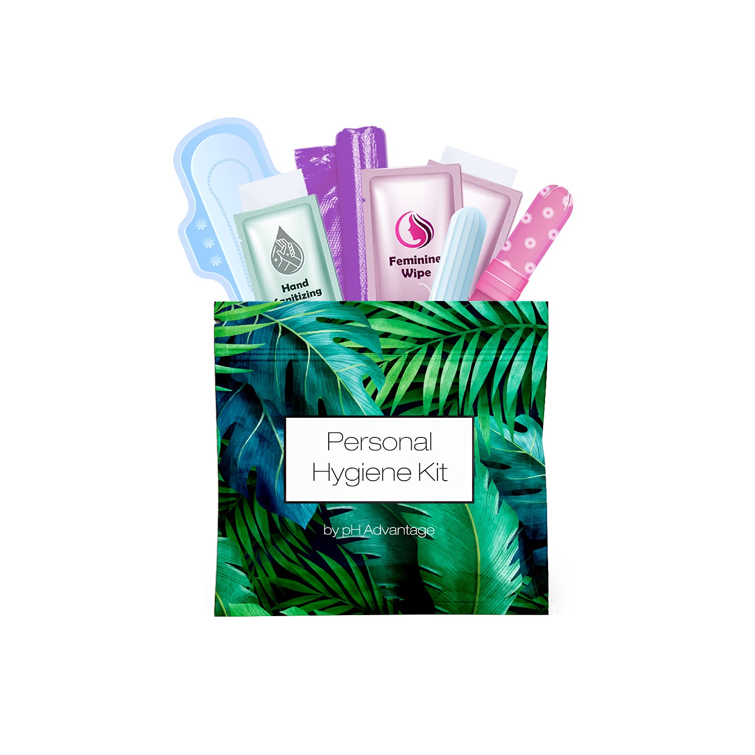 Kit mestruale all-in-one | Convenienza in viaggio | Kit per un periodo singolo per viaggi, interpolazioni e adolescenti | Prodotti per l'igiene femminile confezionati singolarmente (felci verdi)