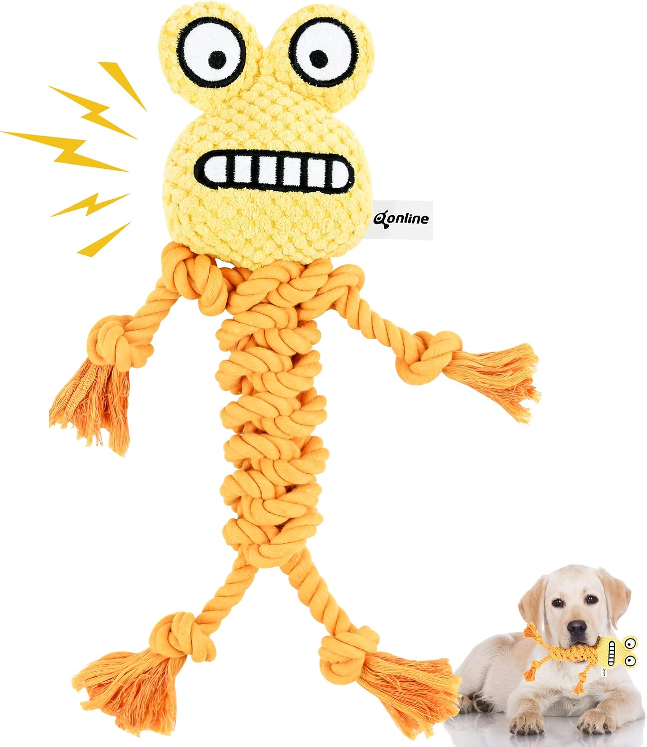 Qonline Yellow Frog Dog Toy, Stuffed Dog Toy, Cute Plush Head Squeaker Toy, Dog Rope Toy ,Fetch and Tug Toy for Small Medium Dogs