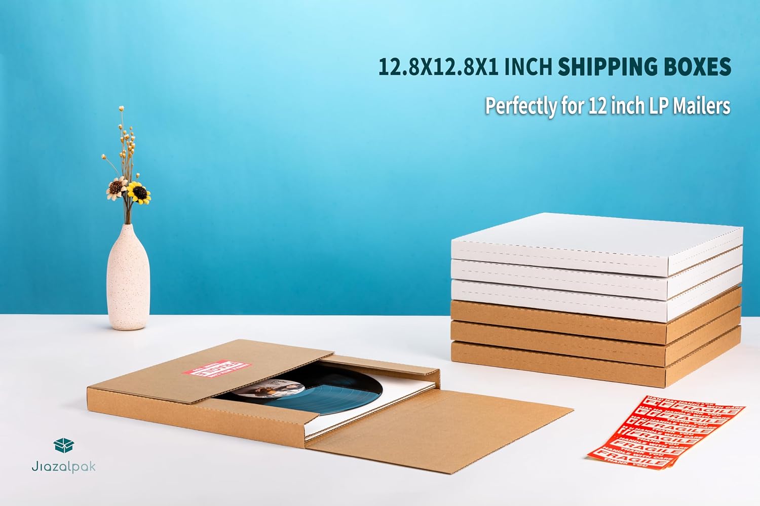 12" Vinyl Record Shipping Boxes, 12.8"L x 12.8"W x 1"D, Easy-Fold, Multi-Depth LP Mailers with Fragile Stickers, Brown, 15 Pack