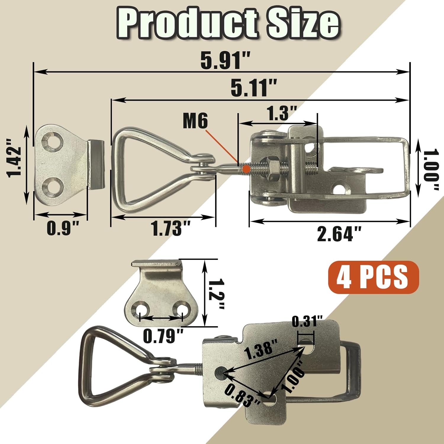 4PCS Thickened Stainless Steel Toggle Latch Clamp Adjustable Heavy Duty Pull Hasp Latches Toggle Latch Clamp with Lock Hole Toggle Latch Catch Set for Trunk Jig Smoker Door and Tool Boxes (Silver)