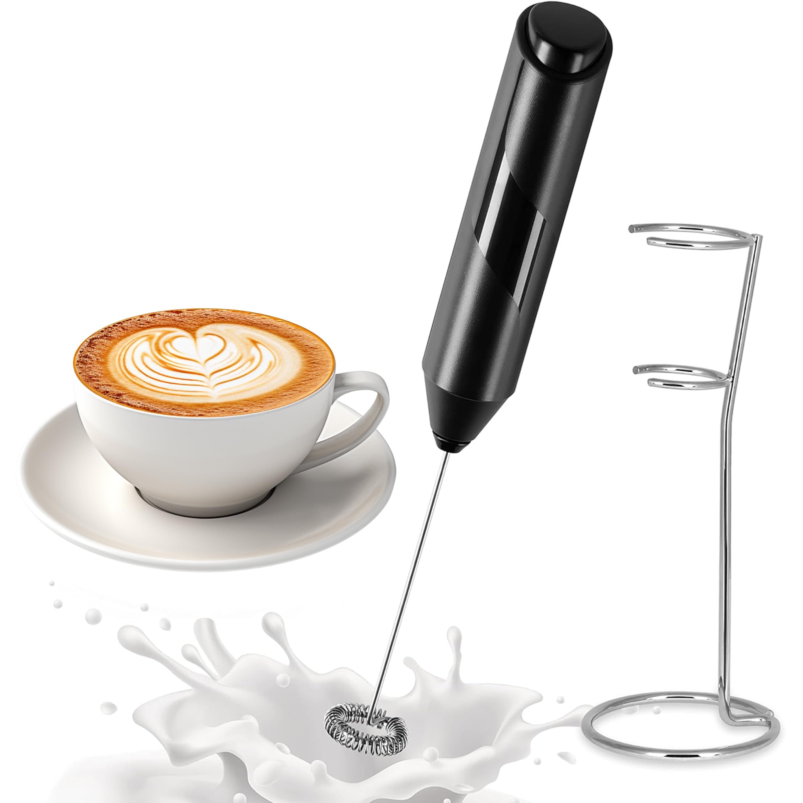 Simple Deluxe Handheld Milk Frother, Battery-Operated Frother with Stainless Steel Stand, Hand Drink Mixer for Coffee, Frappe, Latte, Matcha, Hot Chocolate, Black