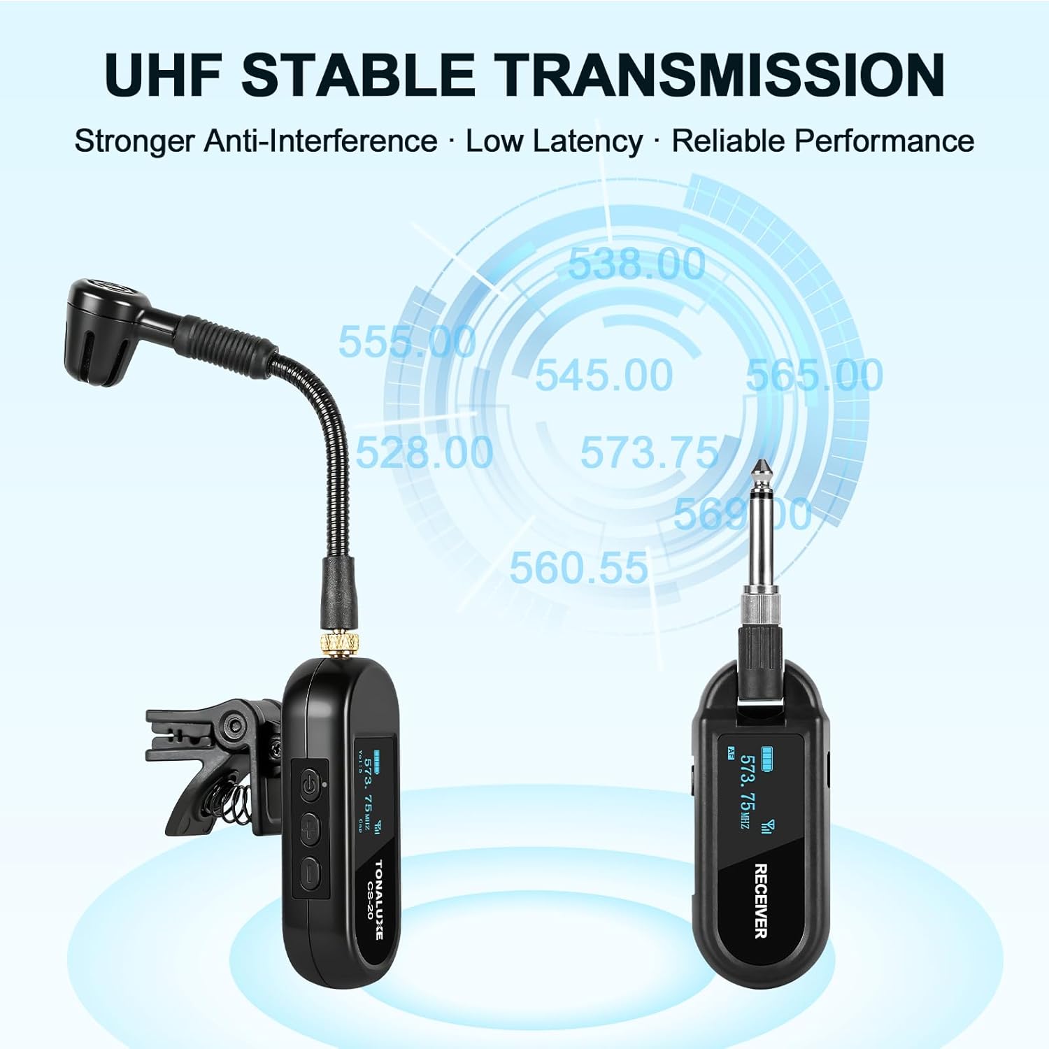 Wireless Saxophone Microphone System, UHF Rechargeable Instrument Cordless Mic for Sax and Trumpet, 164 ft Transmission, 20 Channels, Long Battery Life, Compatible with 6.35mm & 3.5mm Inputs