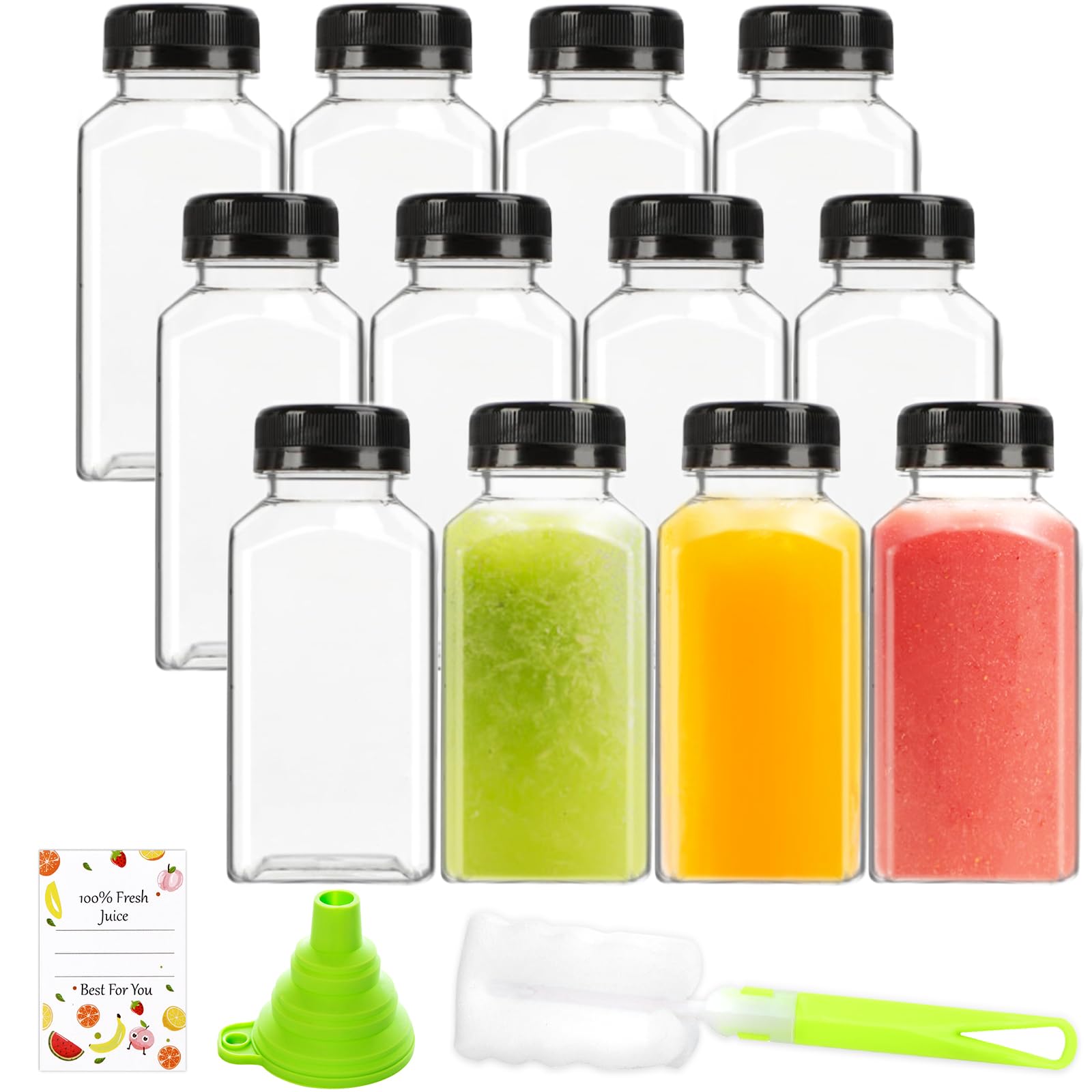 ztarraum 12pcs 8oz Plastic Juice Bottles, Reusable Juice Containers with Black Tamper Proof Lids, Brush, Funnel and Labels, Clear Water Bottles for