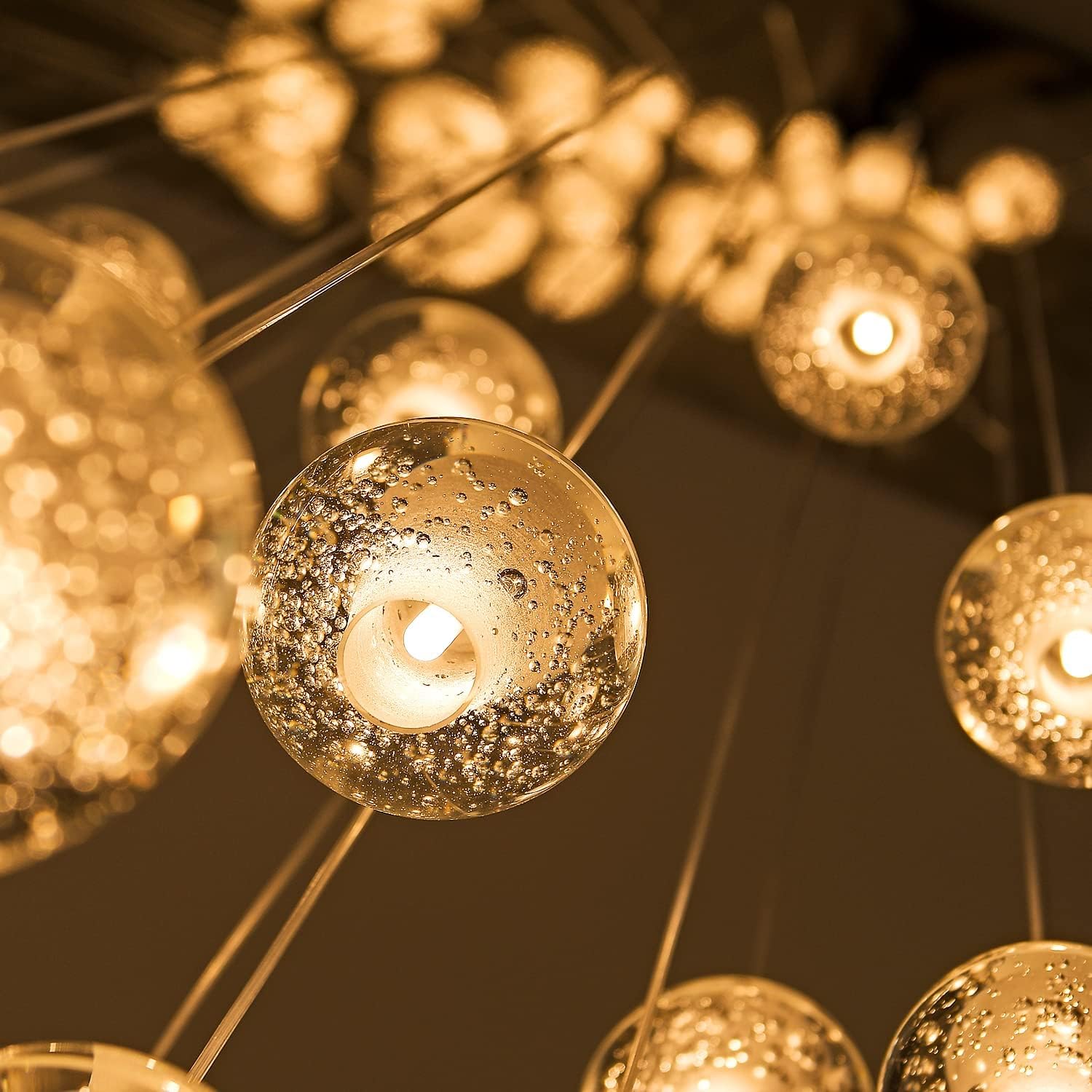 Pendelleuchte LED Moderne Glas Kristall Hängeleuchte Höheverstellbar Lüster Dekoratives Kronleuchter für Villa Treppe Wohzimmer Esszimmer Schlafzimmer Pendellampe (14 Bälle Rectangle)