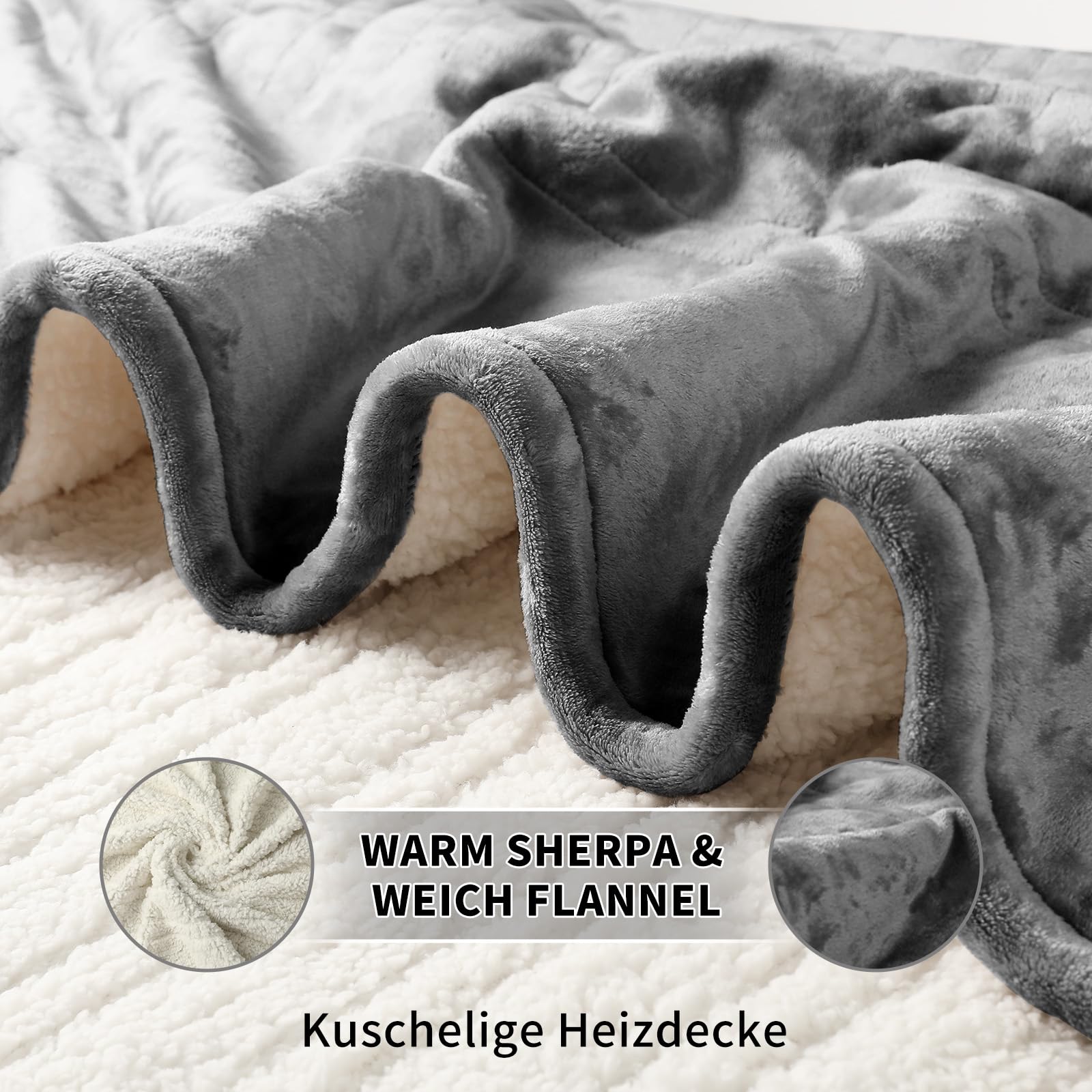 ESTINGO Coperta elettrica 150 x 200 cm, 6 livelli di riscaldamento, timer 10 ore, spegnimento automatico, soffice flanella & sherpa, per lavabili, anziani, ragazzi, donne e coppie, colore: grigio