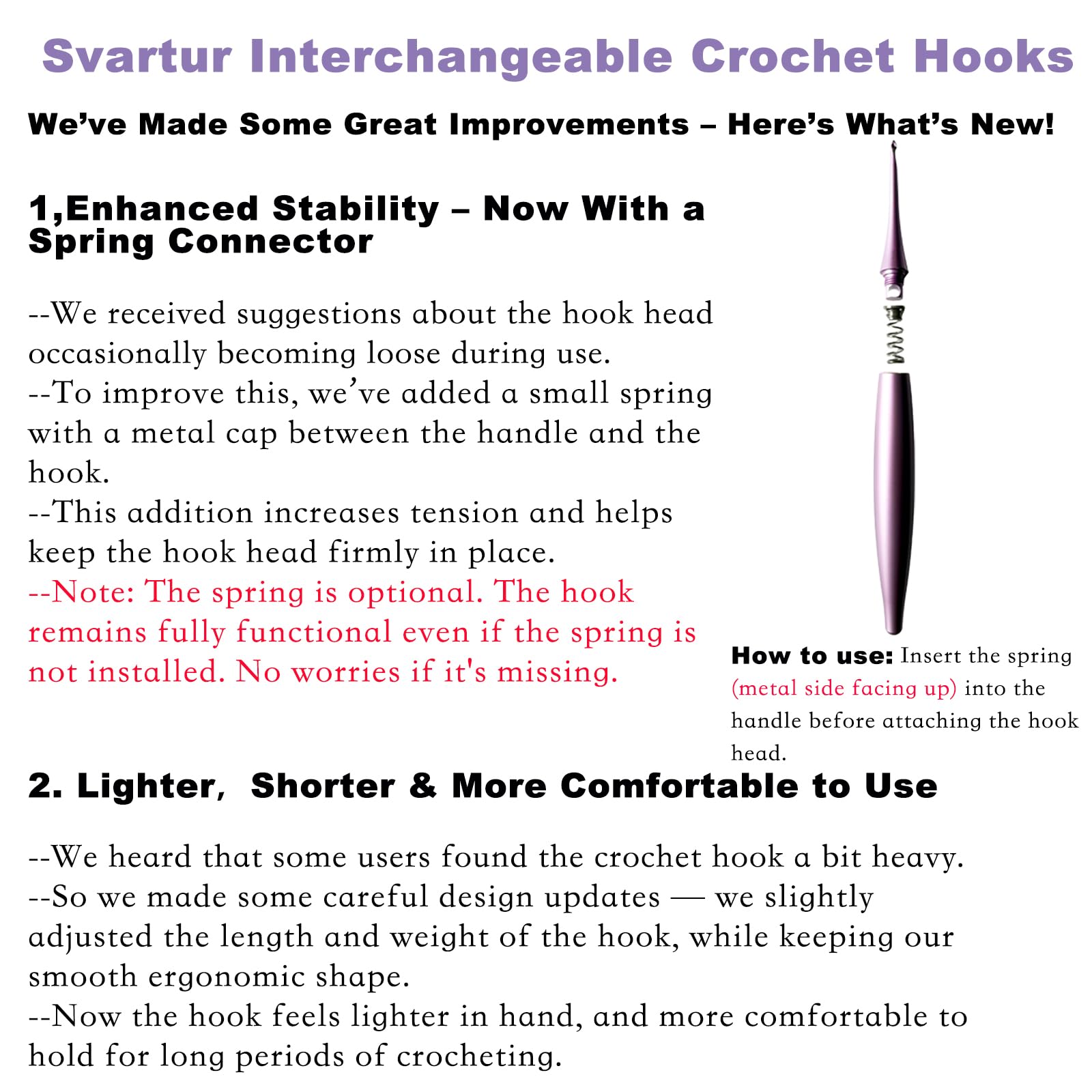 Svartur Austauschbares Häkelnadel-Set mit 12 Haken, ergonomische Häkelnadeln, großer Griff, US-Größen E-4 bis N-15 (3 mm-10 mm), glatt und leicht, Häkelset mit Aufbewahrungskoffer, Schwarz