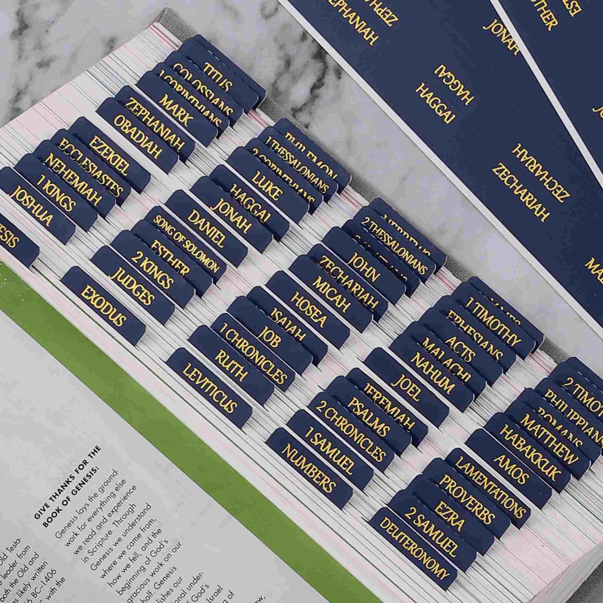 Laminated Bible Tabs, Reposition Large Print Stickers, Easy to Read and Apply Bible Tabs for Women and Man (Blue Gold Foil)