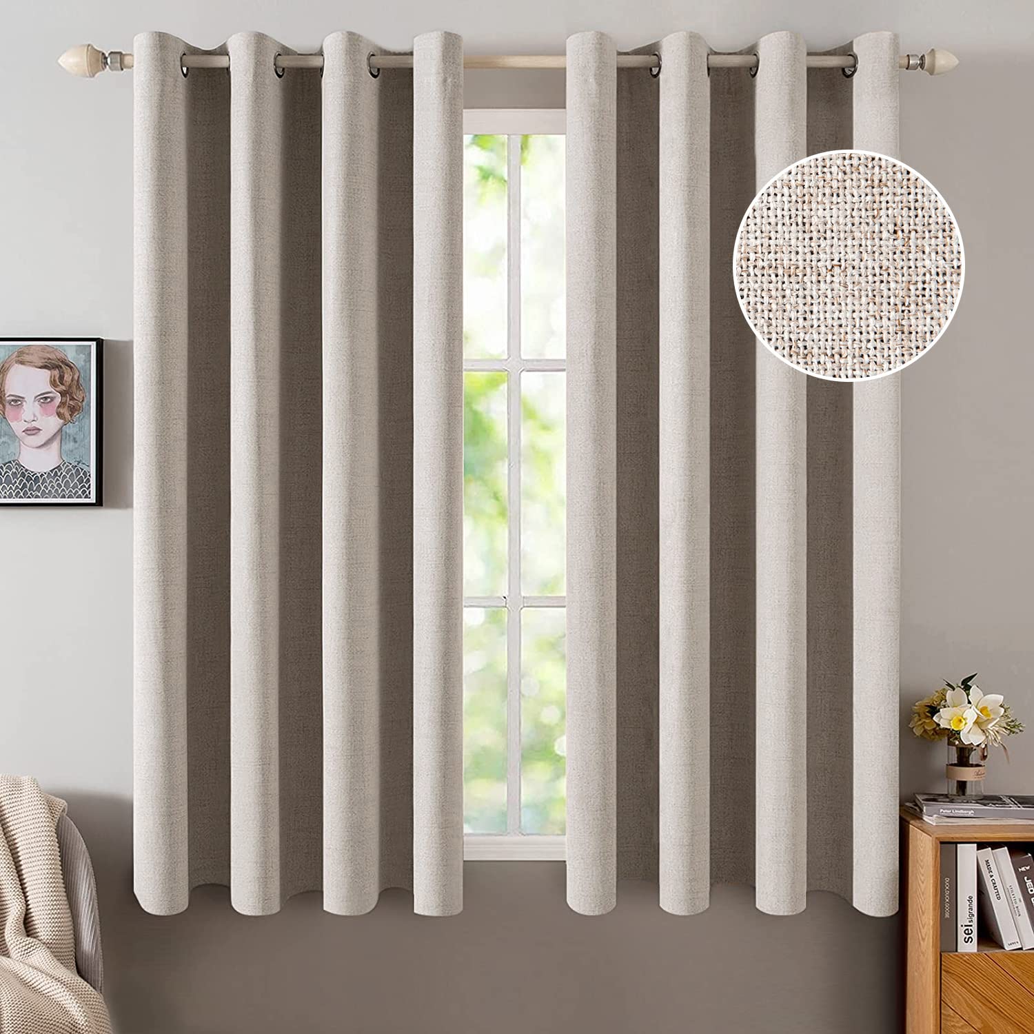 MIULEE Blackout Curtains for Bedroom Linen Texture Solid Thermal Insulated Natural Khaki Grommet Room Darkening Curtains & Drapes Luxury Decor for