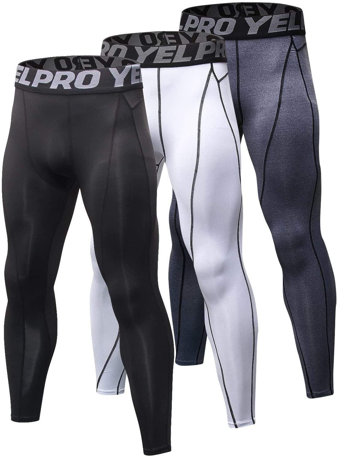 Yuerlian 3 Pack Compression Leggings for Men Cool Dry Running Workout Tights Sport Base Layer Trousers Athletic Gym Walking Cycling Basketball Pants