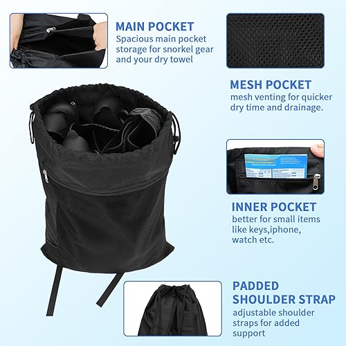 Miniatura 5 de Bolsa de buceo, mochila de buceo de malla de gran tamaño para equipo y equipo de esnórquel, sostiene máscara, aletas, esnórquel, natación