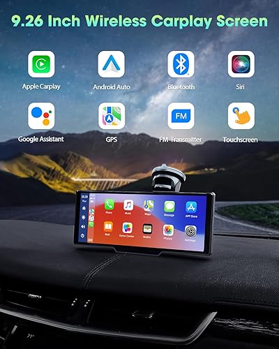 Miniatura 2 de LAMTTO Apple Carplay estéreo inalámbrico para automóvil con cámara inversa de 1080P, pantalla táctil portátil de 9.26 pulgadas para automóvil,