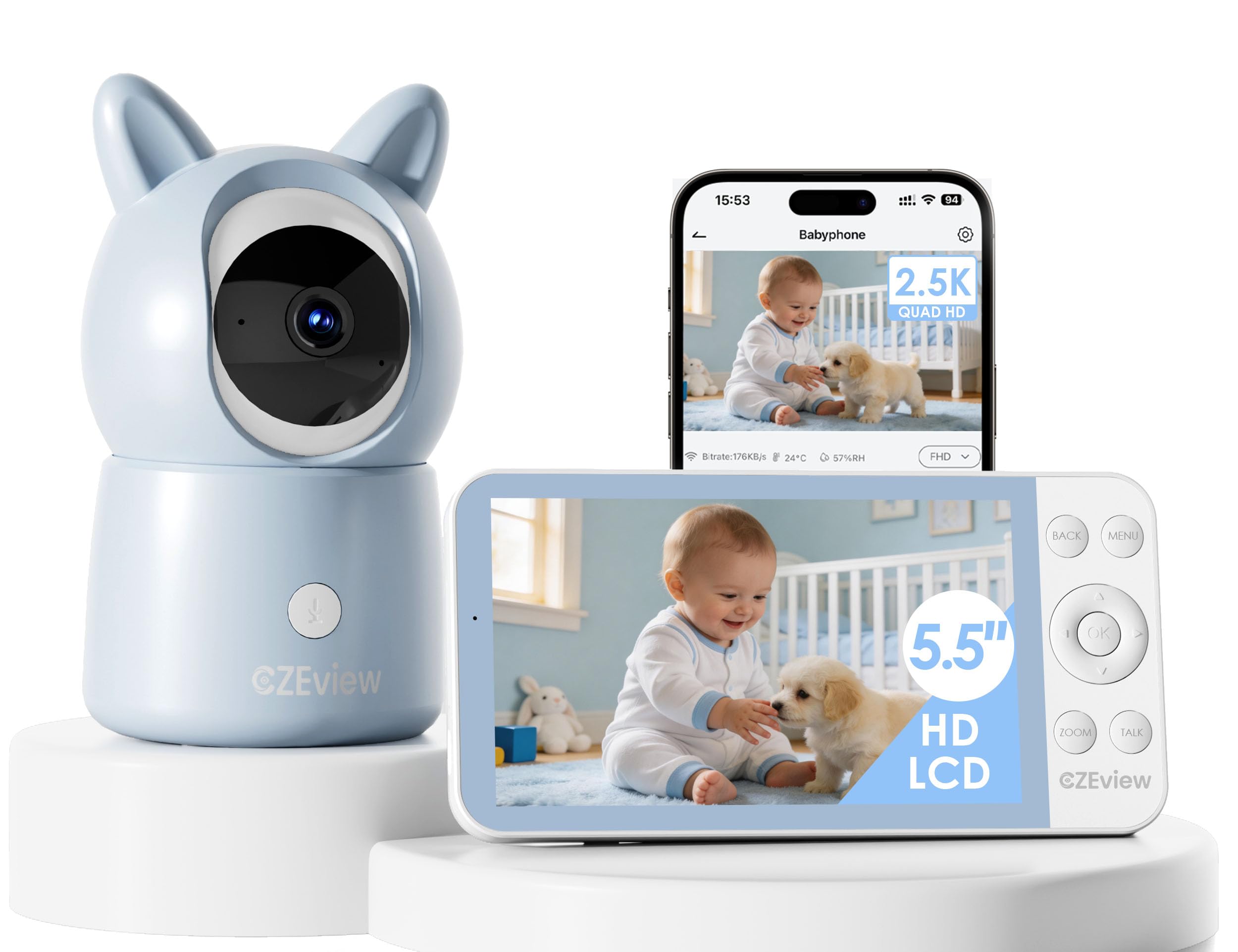 CZEview Babyphone mit Kamera 2.5K & 5.5-Zoll-HD-Großbildschirm, Nachtsicht, 360° WLAN Video Babyfon mit App, Musik & Buntes Nachtlicht, Intelligente Erkennung (Blau (1 Artikel))
