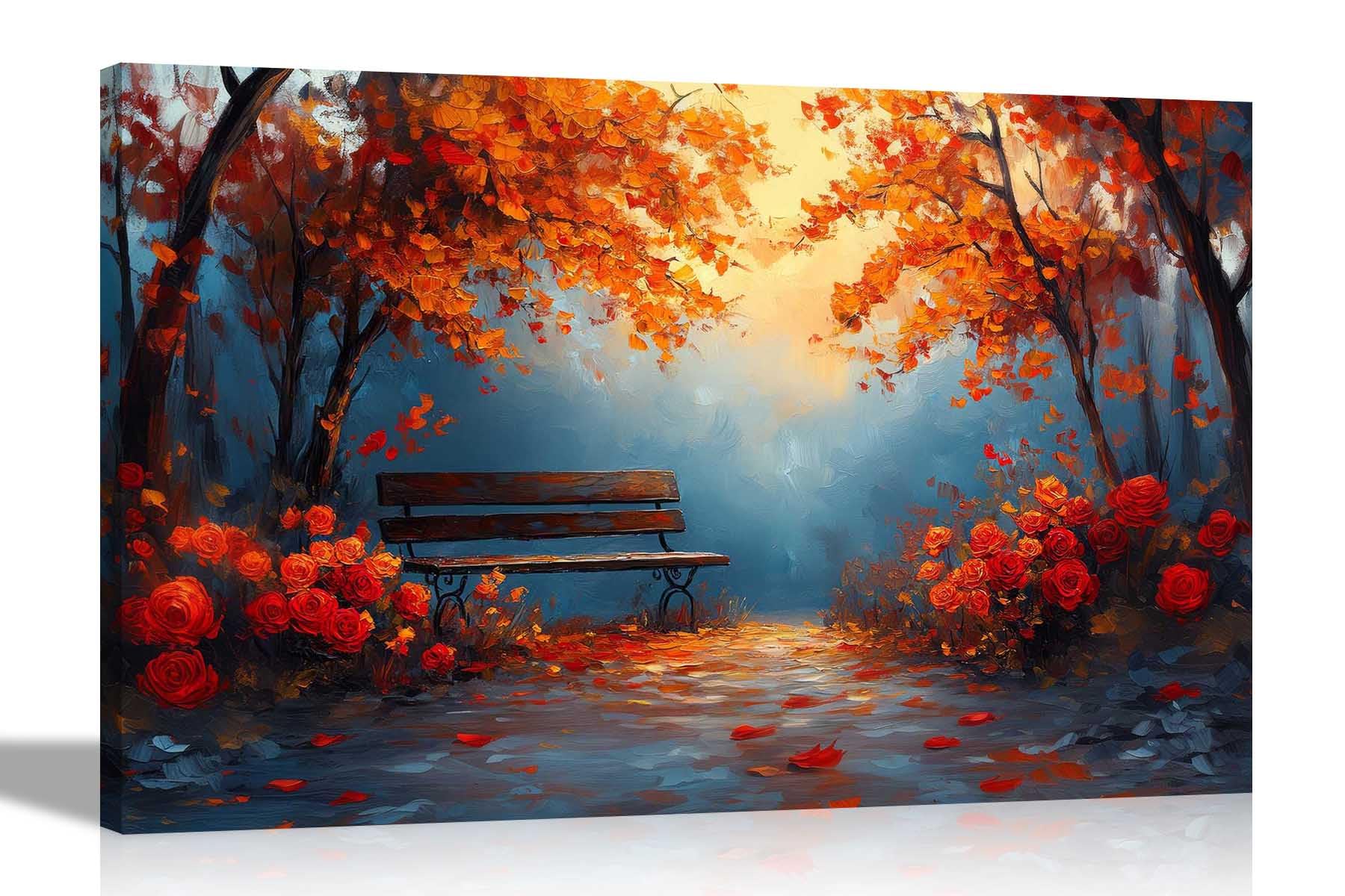 Artley Prints Autumn Park Bench Roses - Park Bench Red Roses Autumn Trees Canvas Wall Pictures For Home Office Conservatory Landscape Prints Décor 60 X 40Cm (24 X 16 Inches) A2