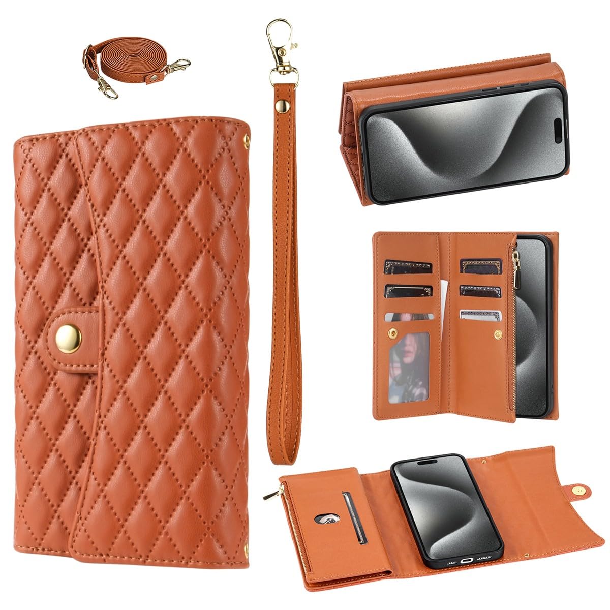 Étui compatible avec iPhone 15 marron protection intégrale et rangement - 8