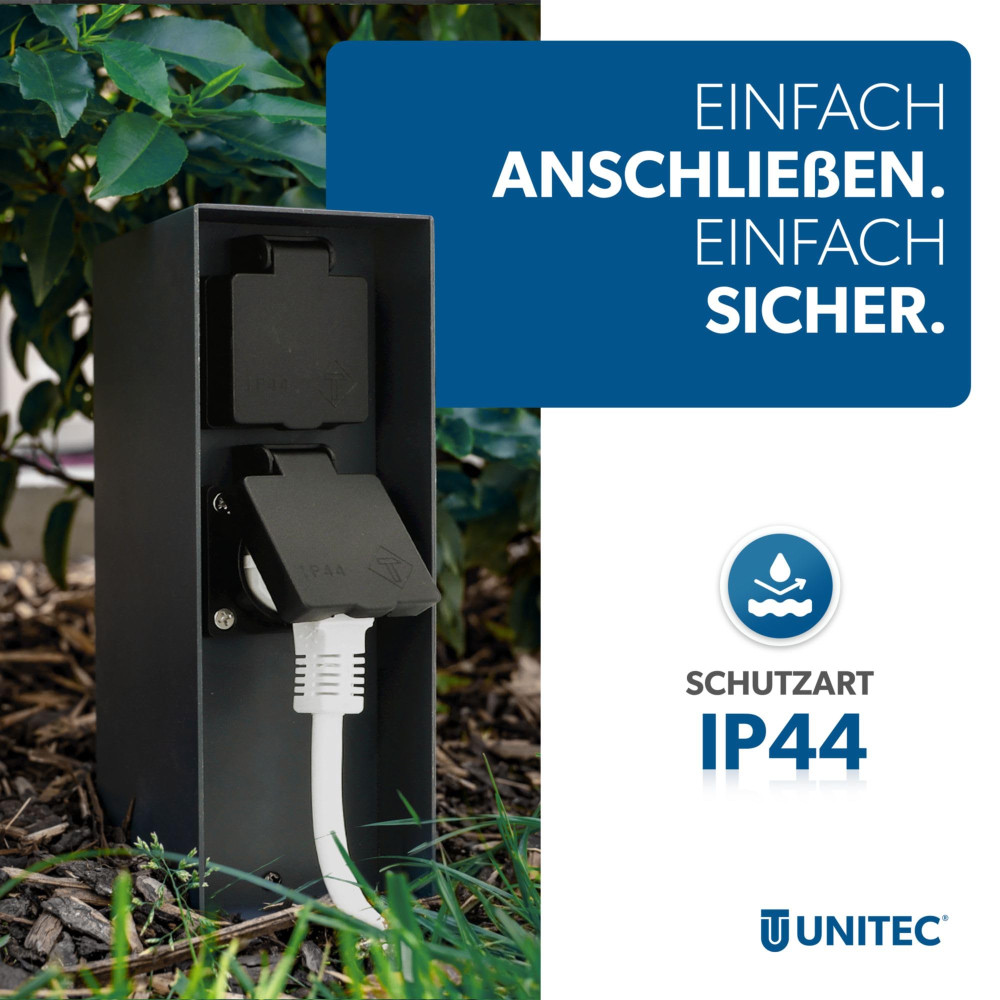 UNITEC Steckdosenverteiler für den Garten, Steckdosensäule mit Zeitschaltuhr, Außensteckdose, Edelstahl, IP 44, 2 Steckdosen