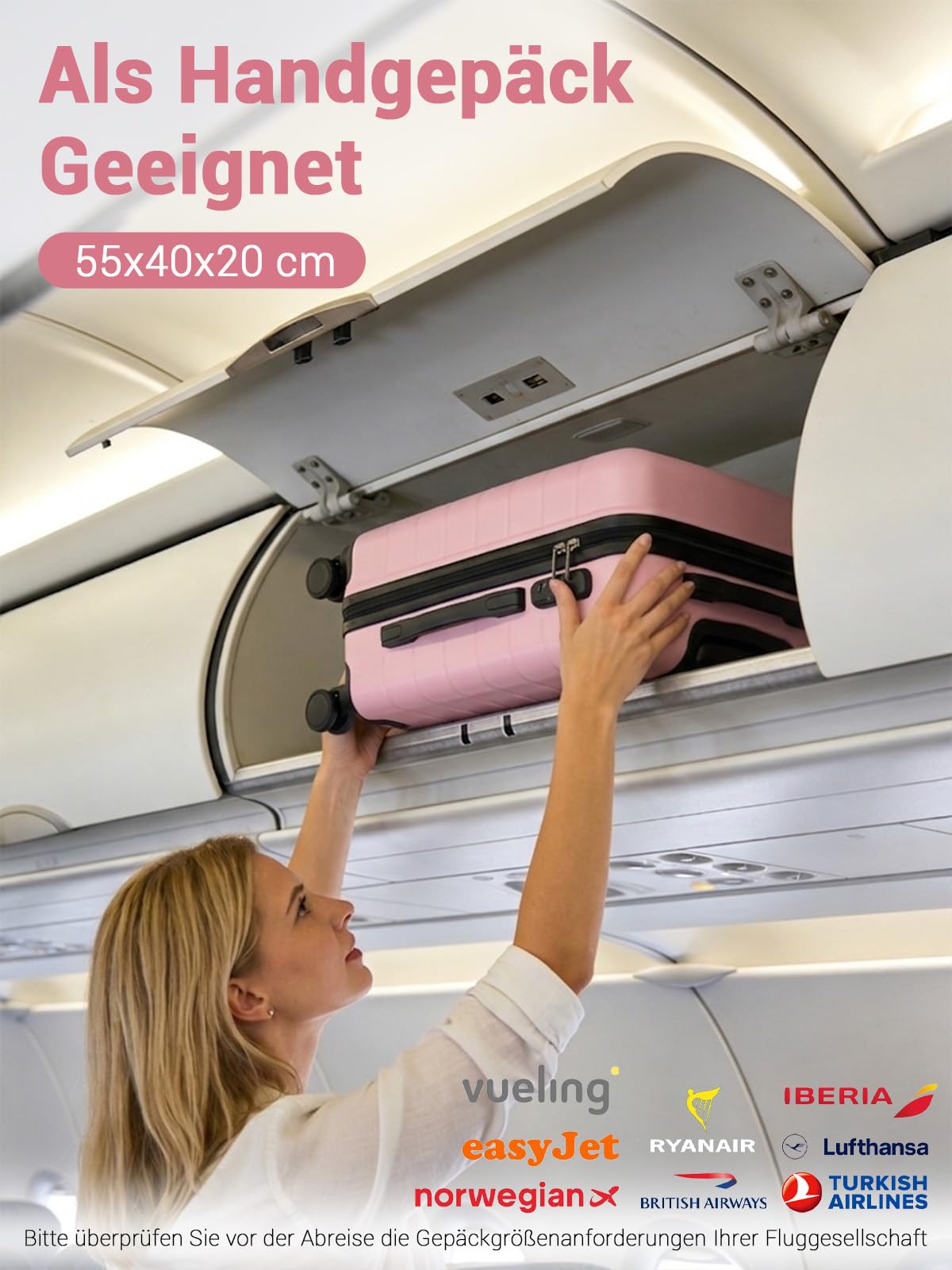 Handgepäck Koffer 55x40x20 cm Reisekoffer Hartschalenkoffer aus ABS, Leichter Trolley mit 4 Leisen 360° Doppelrollen, Integriertem Schloss, Für Viele Airlines Geeignet (M, Rosa)