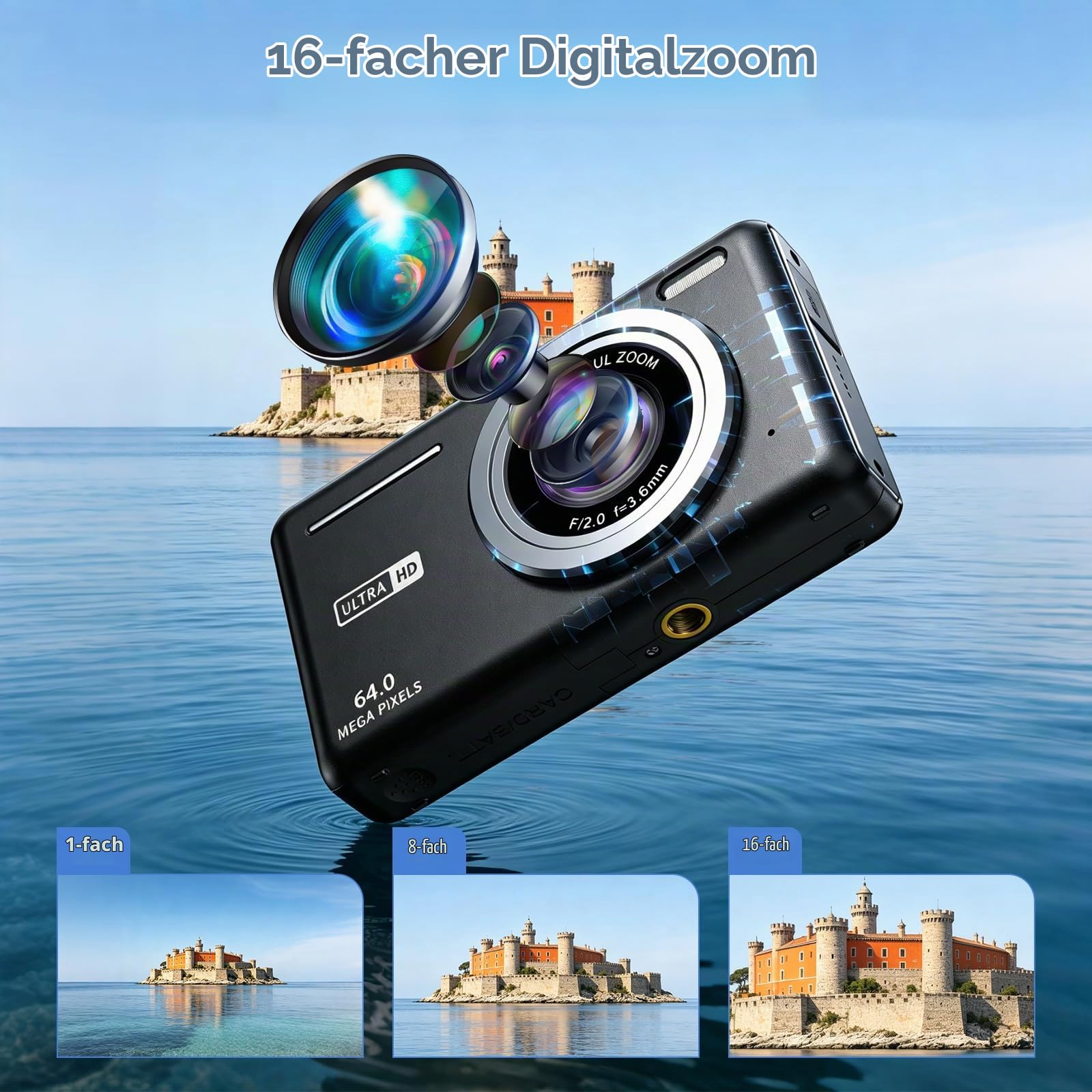 Digitalkamera, AutoFocus 4K 64MP Fotokamera 16X Digitalzoom Fotoapparat mit 32 GB SD Karte, 2,8" Großem Bildschirm Kompaktkamera Digital Kamera für Teenager Erwachsene Anfänger (Schwarz)