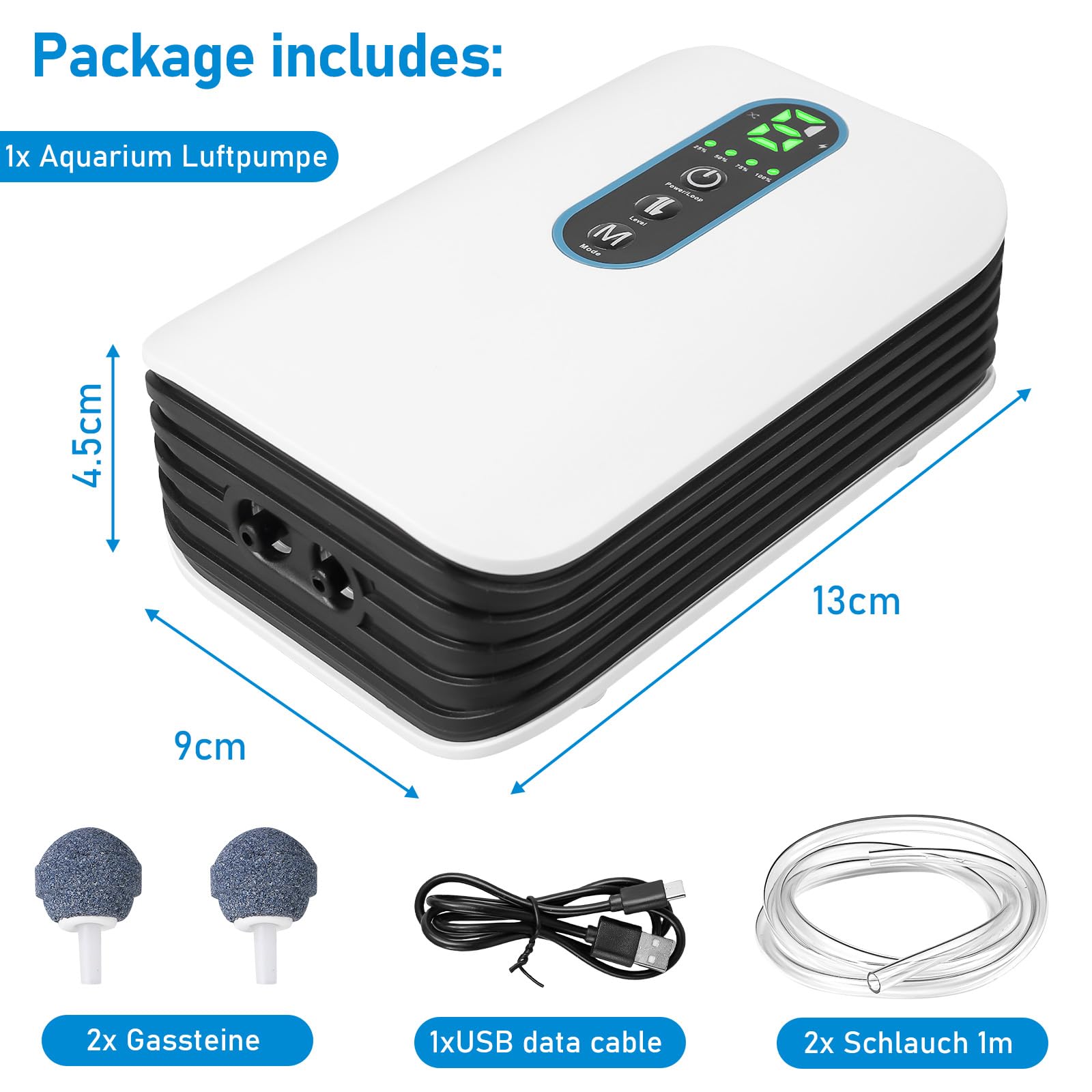 Aquarium Luftpumpe, Sauerstoffpumpe 4800mAh Akku, Doppel Auslass(5L/min), 6-Stufig Einstellbarer Luftstrom, Ultra-leise USB Aquarium pumpe für Aquarien, Gartenteiche Angeln Stromausfälle
