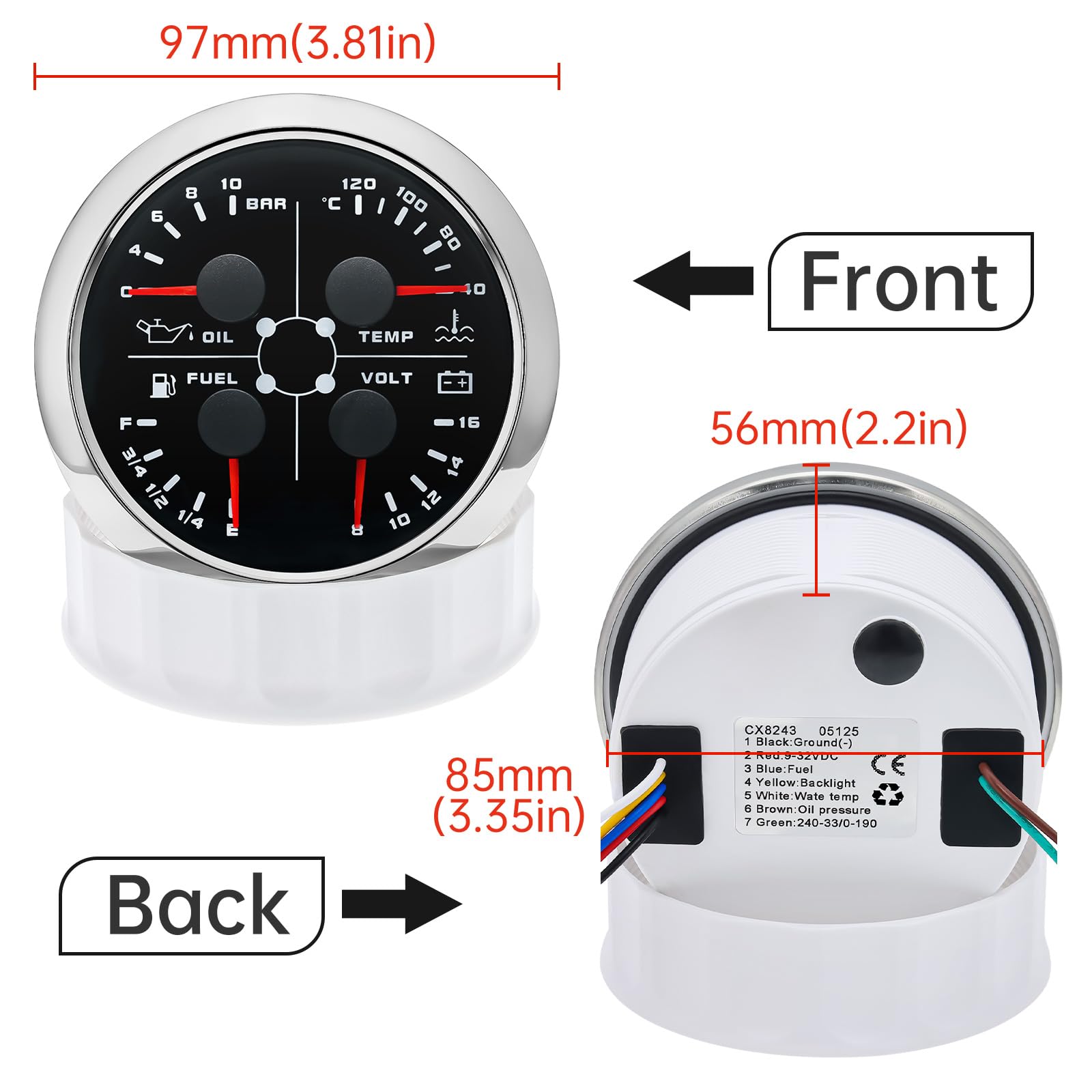 85 mm 4 en 1 medidor multifuncional, nivel de combustible impermeable 0 – 190 ohmios, presión de aceite, medidor de temperatura del agua ℃/bar para coche, caravana, barco, motocicleta