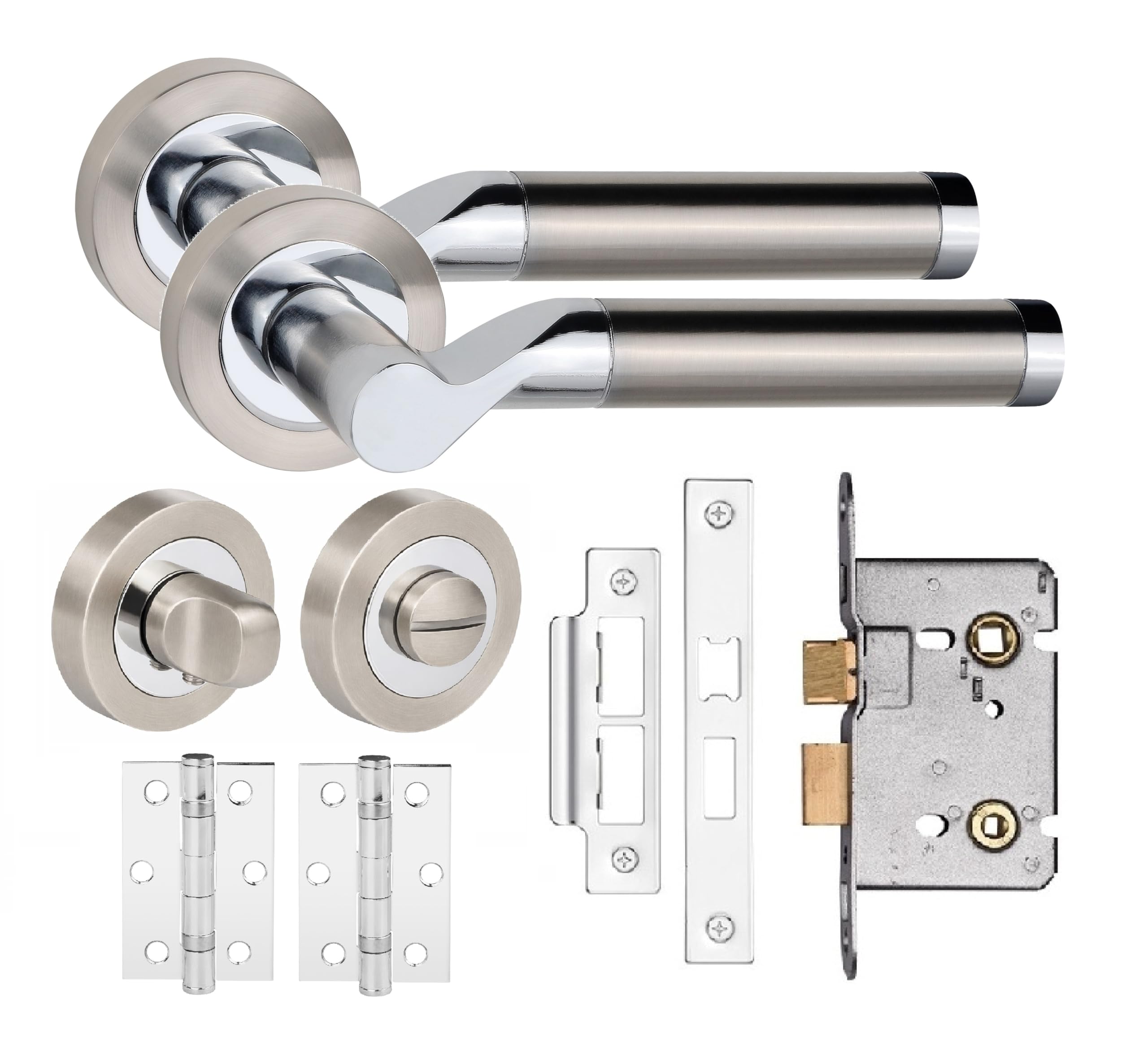 Golden Grace Titan Modern Satin Nickel And Polished Chrome Bathroom Door Handle Set