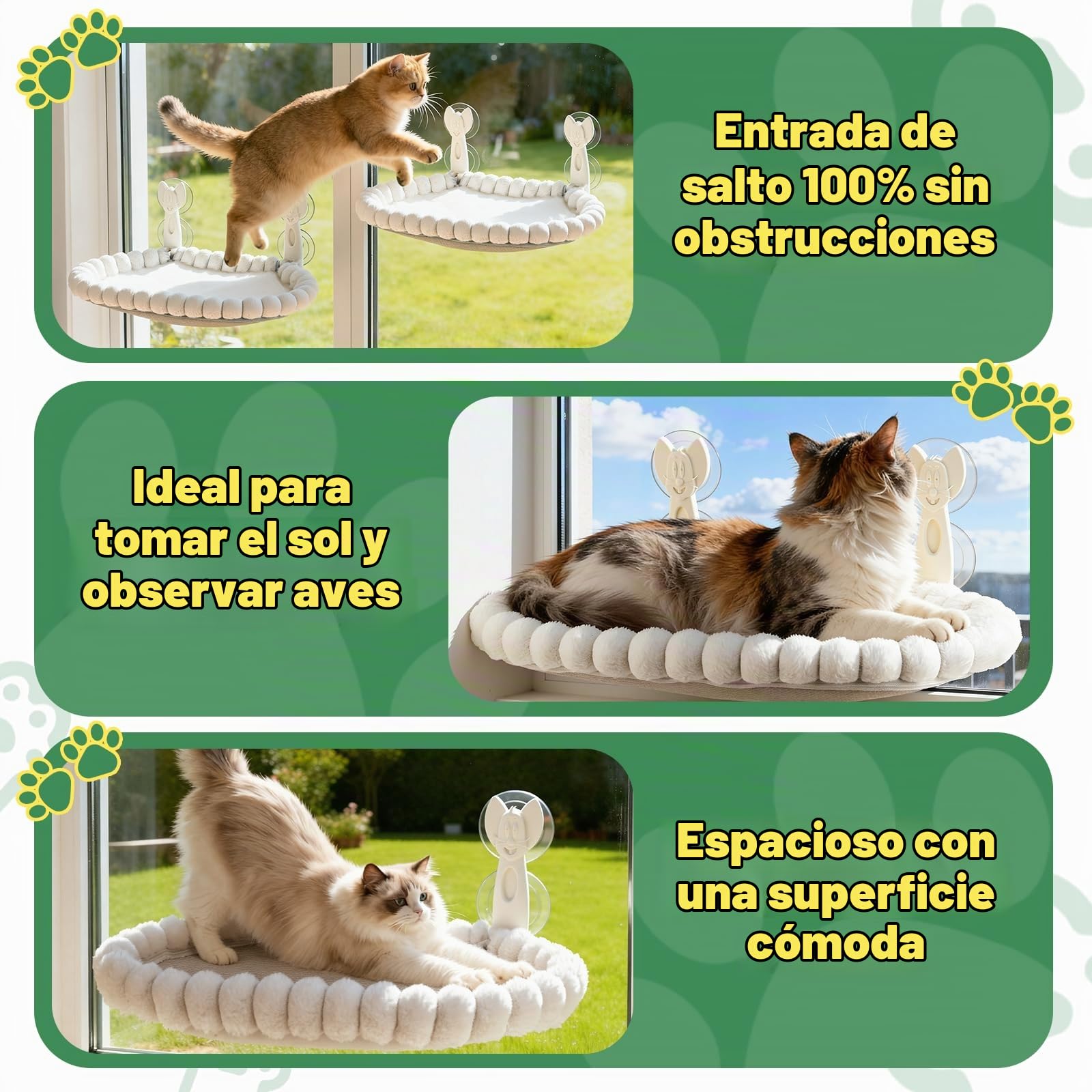 Euqvunn Hamaca Gato Ventana- Capacidad de 15 kg con Cojín Lavable de Doble Cara, Cama Gato Ventana para Gatos de Interior, Ideal para Tomar el Sol, Dormir y Observar Pájaros