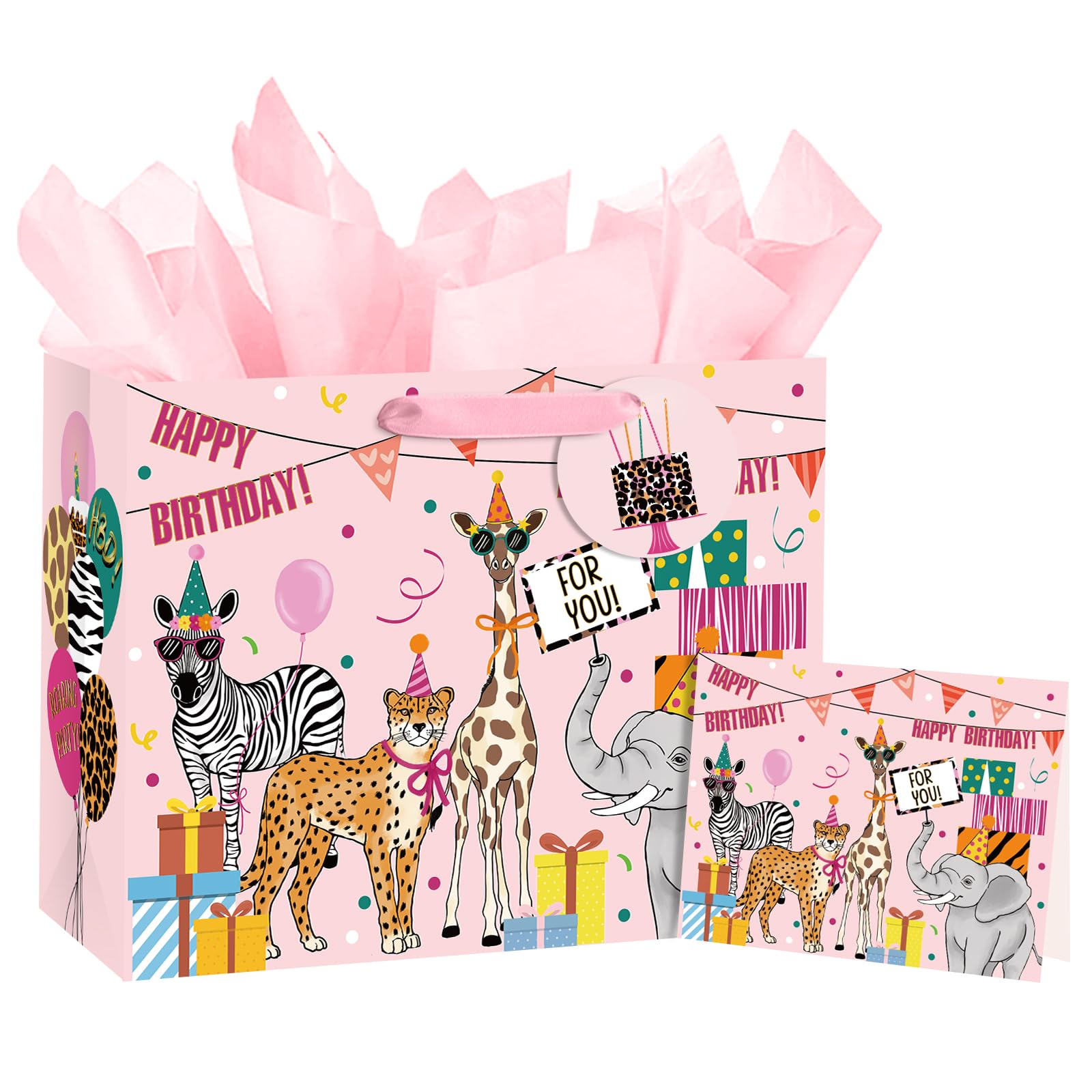 Loveinside 13" Large Safari Animal Gift Bag for Girls - Cute Pink Jungle Theme with Tissue Paper Card Tag - 13"x5"x10" 1 Pc for Kids Birthday Presents Party Favor