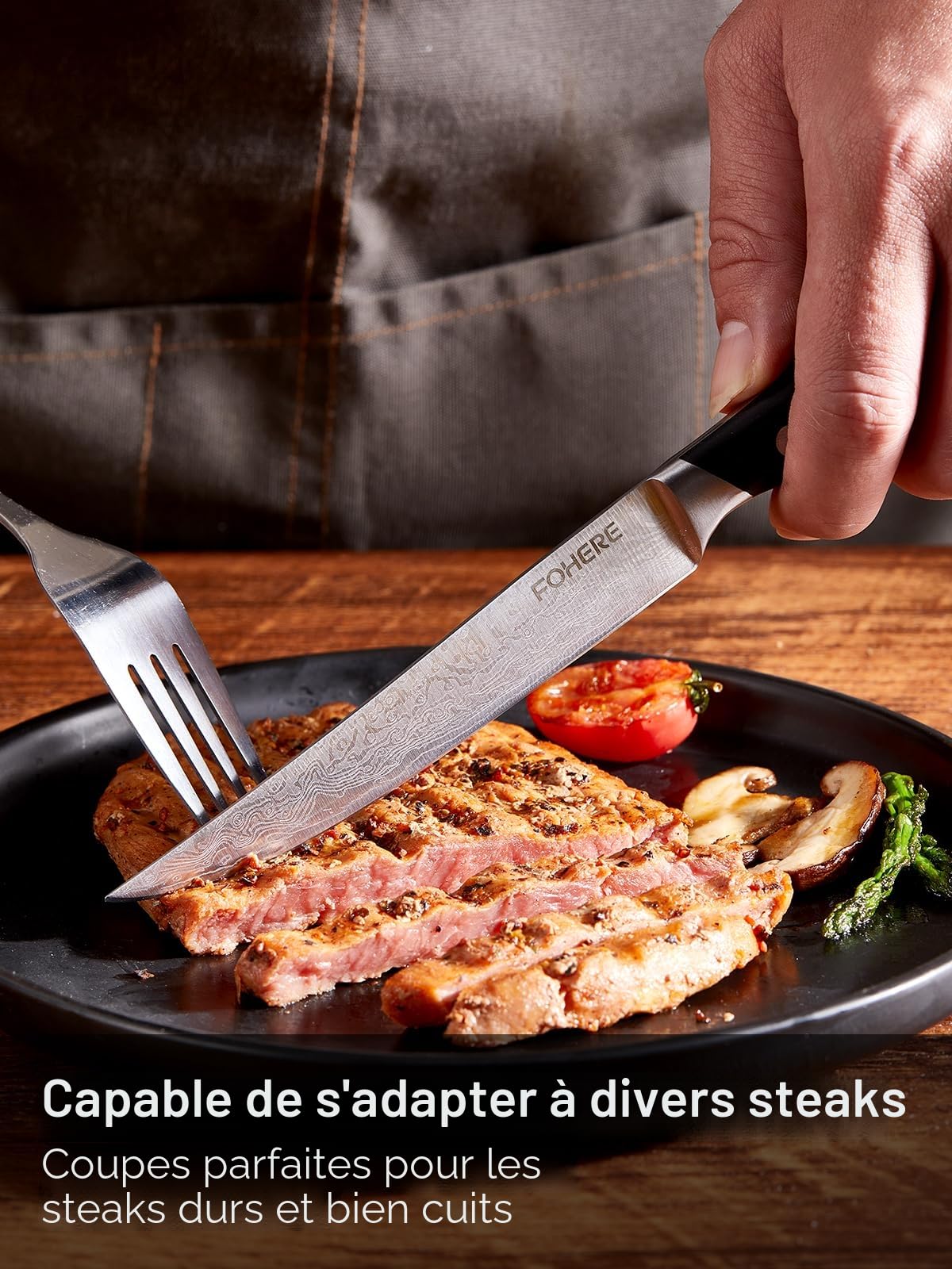 Couteaux à Steak, 8 Pièces Couteaux de Table avec Bloc à Couteaux, Ensemble de Couverts à Steak à Lame Droite Extra Tranchante, avec Motif Damas, Poignée Pleine Soie, Couteaux pour Maison et Cuisine