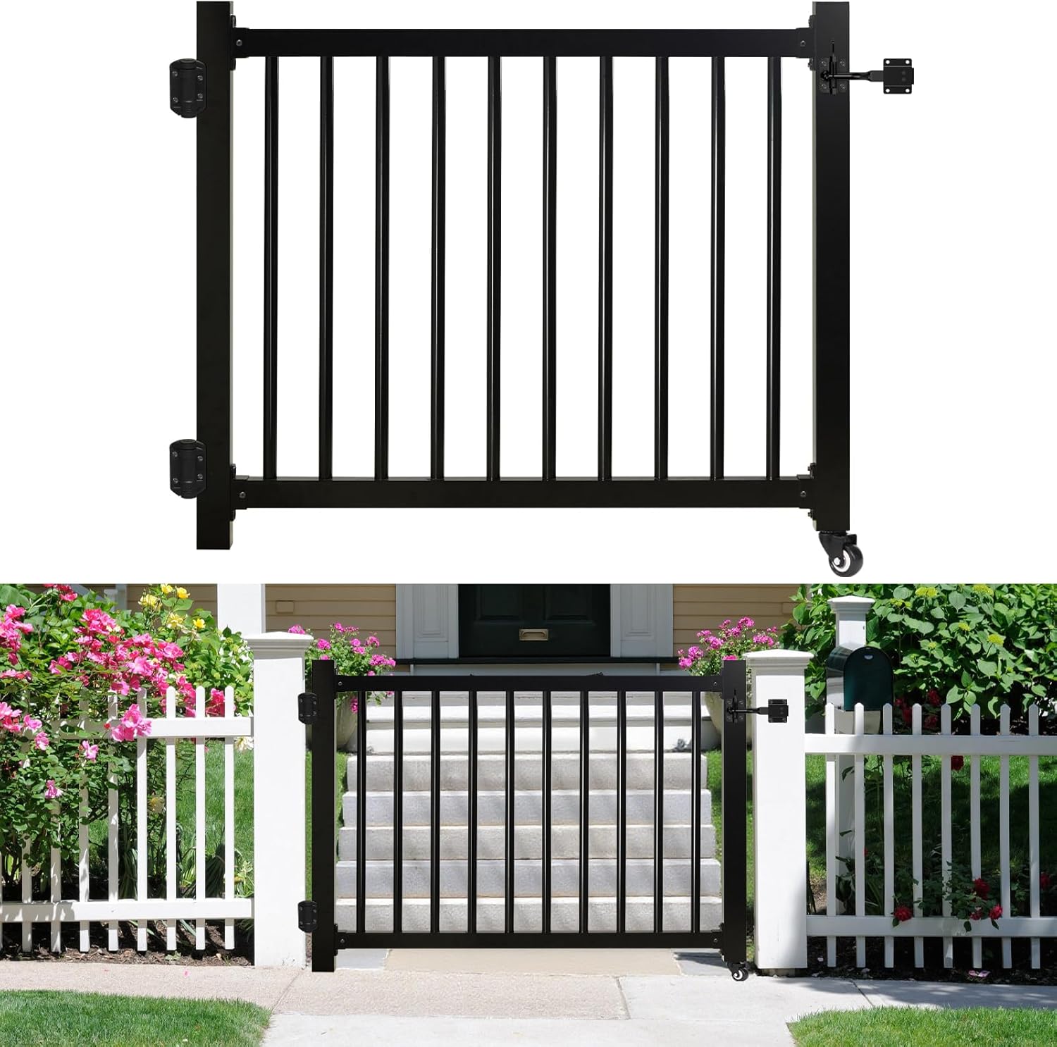 Deck Gate, 36"x 45" Adjustable Aluminum Outdoor Gate 1" Round Pipe with Latch,Auto Closing Hinges and Black Rustproof Powder Coated for Patios, Porch,Gardens ?Indoor Pet Protected