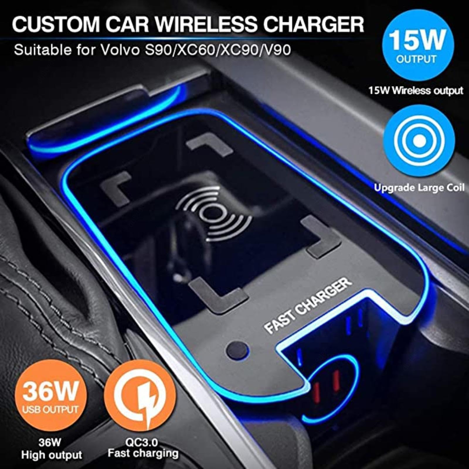 Bezprzewodowa ładowarka samochodowa do XC90, XC60, V90, V60, S90, S60 (2016-2021), przenośna power bank, 15 W Max, bezprzewodowa szybka ładowarka do telefonu, konsoli środkowej, akcesoria